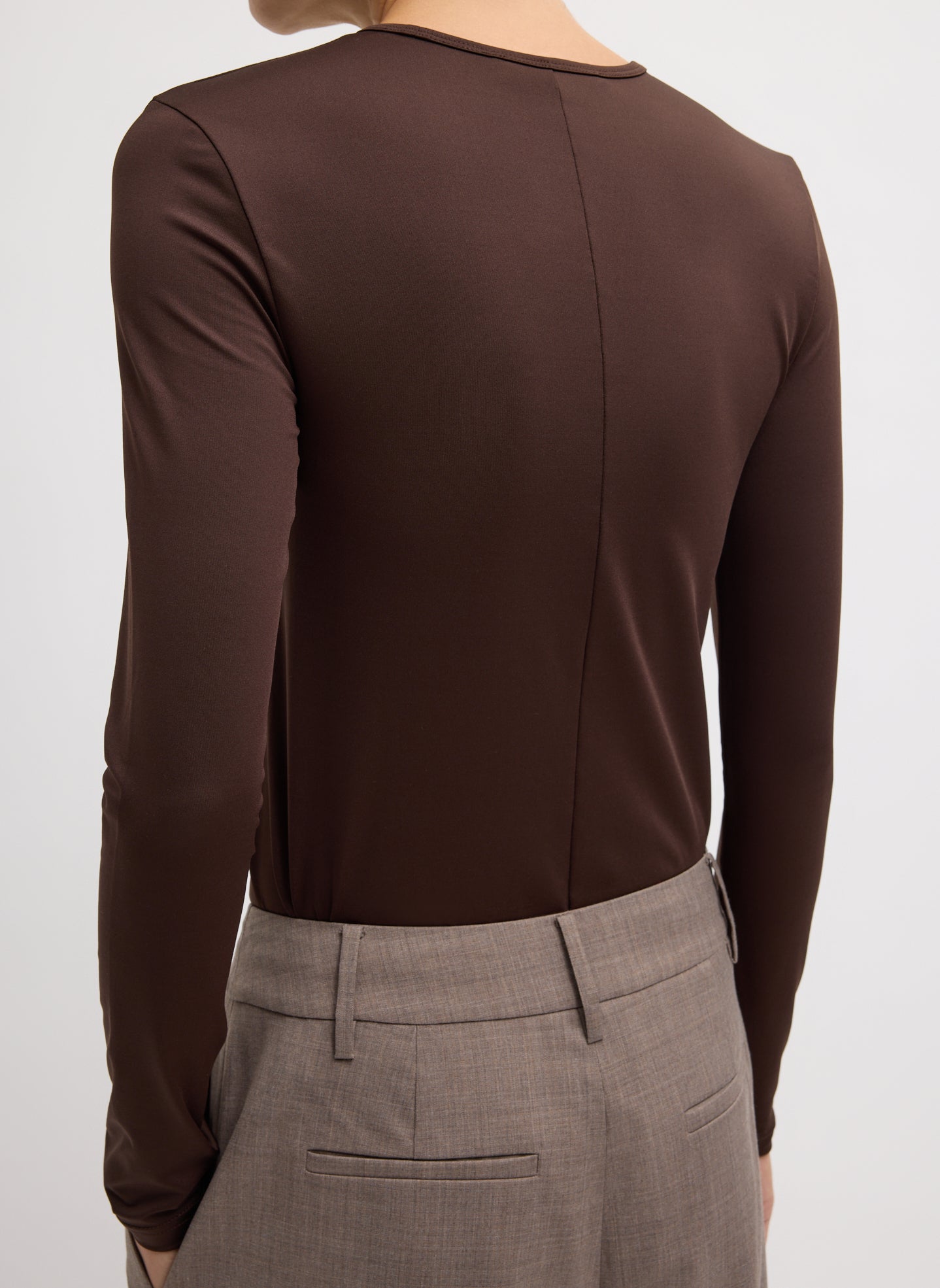 Hickory Brown Stretch Light Weight Tech Knit Pullover - long sleeve t-shirt, back view on model