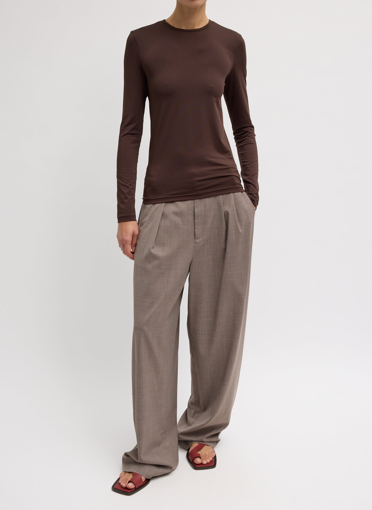 Hickory Brown Stretch Light Weight Tech Knit Pullover - full look, front view on model