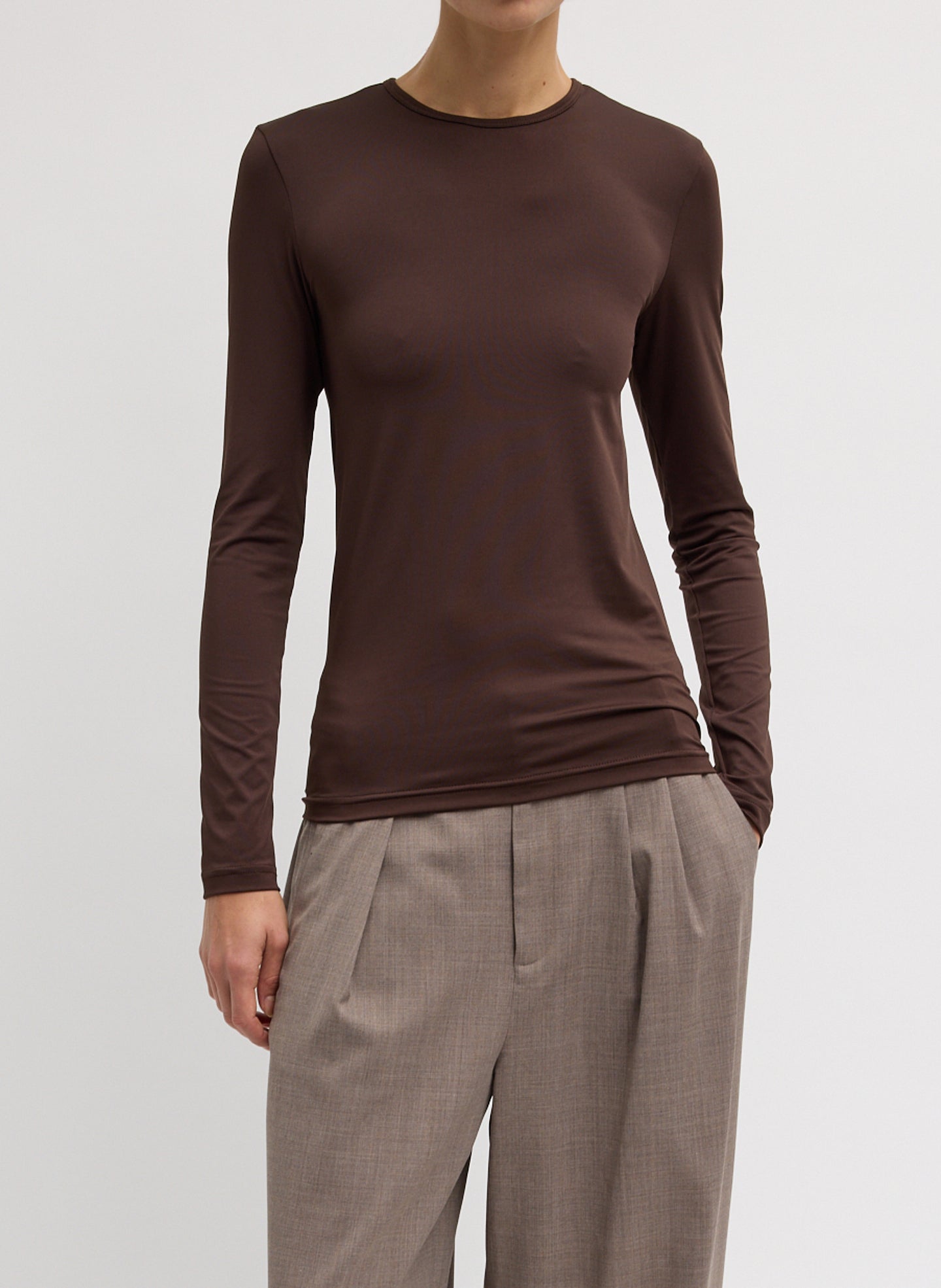 Hickory Brown Stretch Light Weight Tech Knit Pullover - long sleeve t-shirt, front view on model