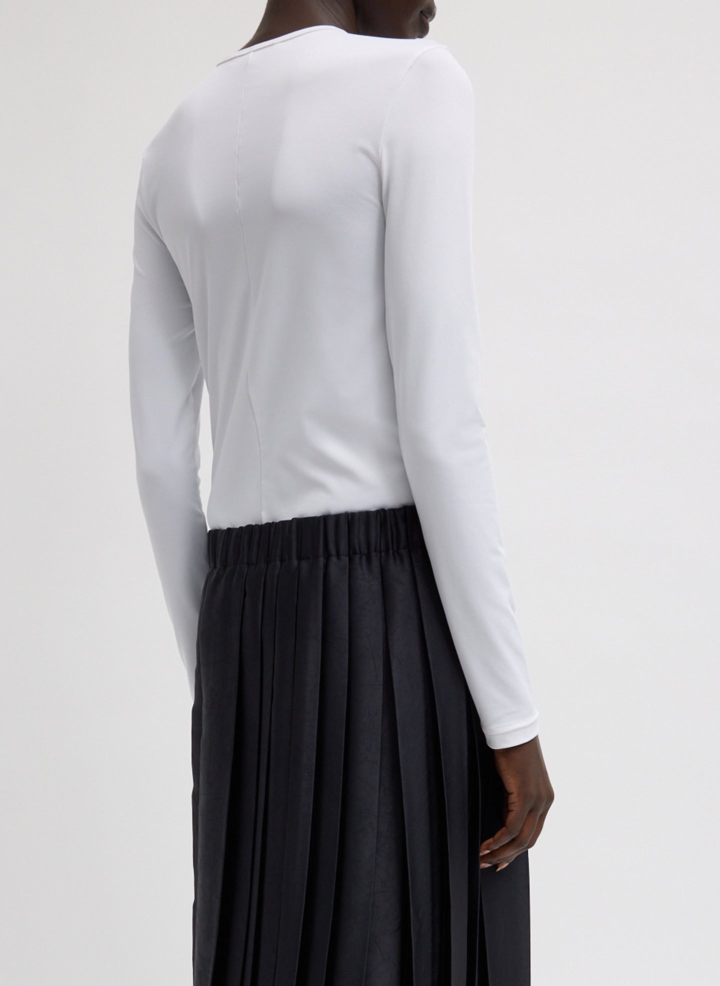 White Stretch Light Weight Tech Knit Pullover - long sleeve t-shirt, back view on model