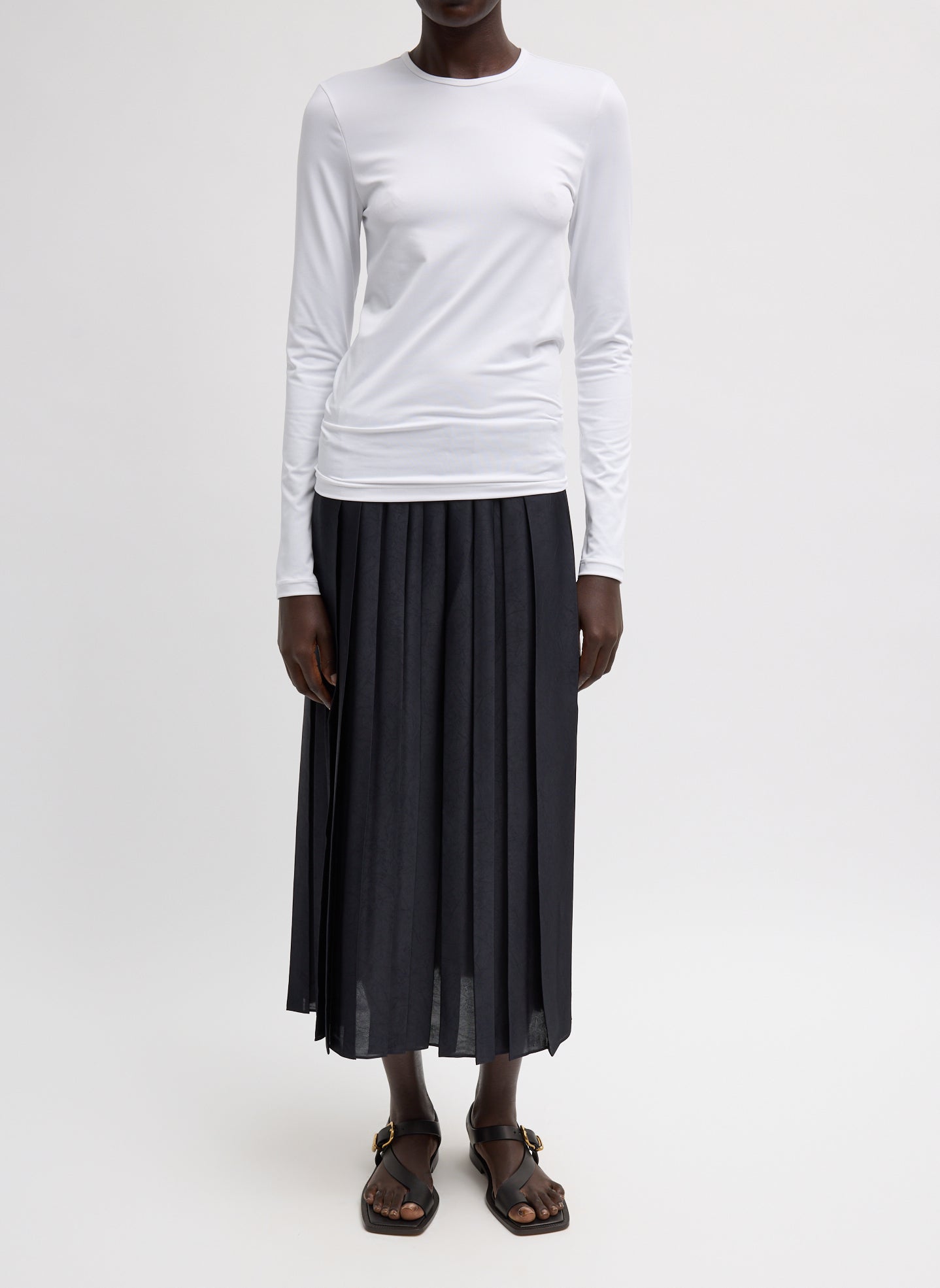 White Stretch Light Weight Tech Knit Pullover - full look, front view on model