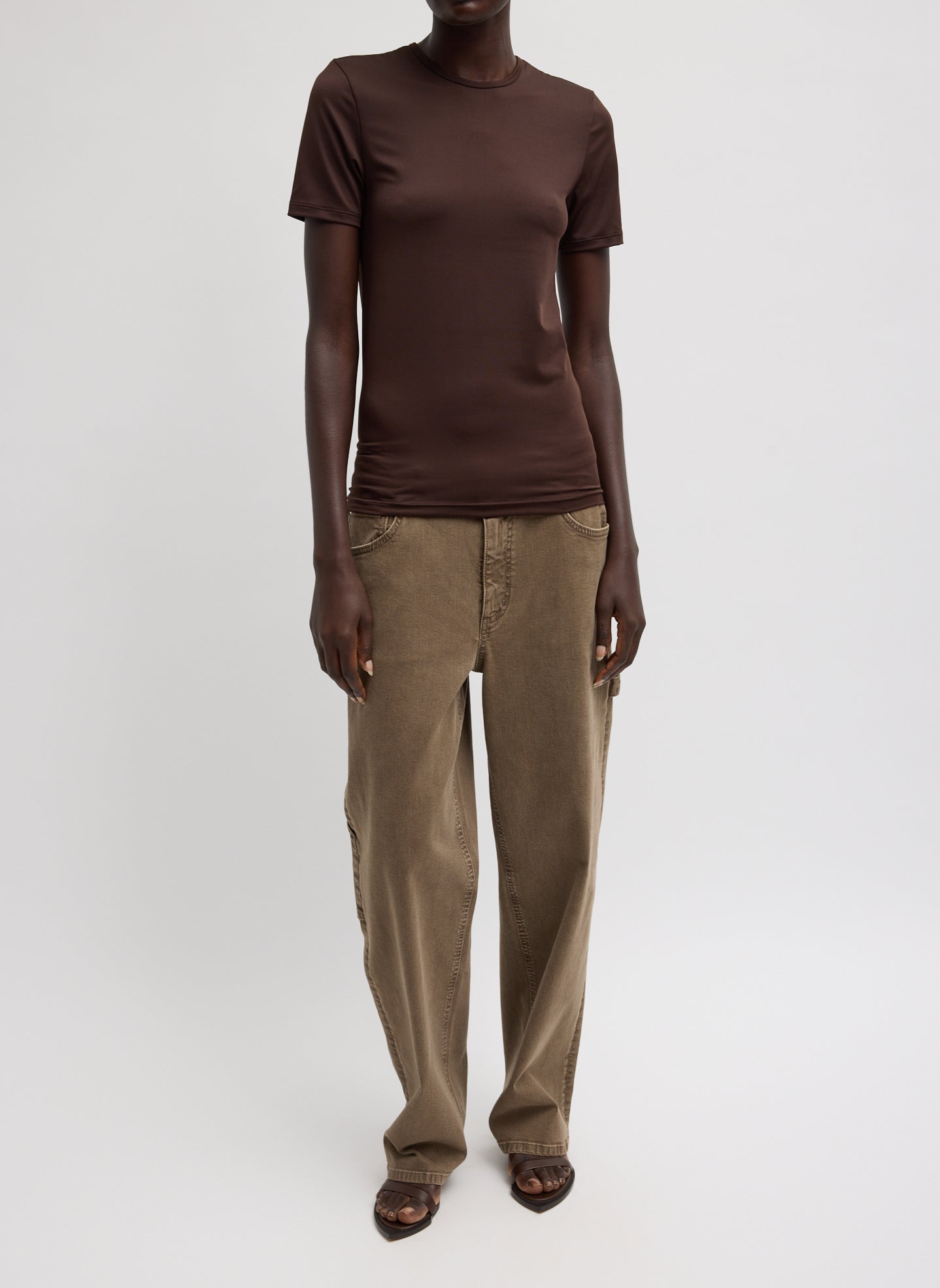 Hickory Brown Stretch Light Weight Tech Knit Short Sleeve T-Shirt - full look, front view on model