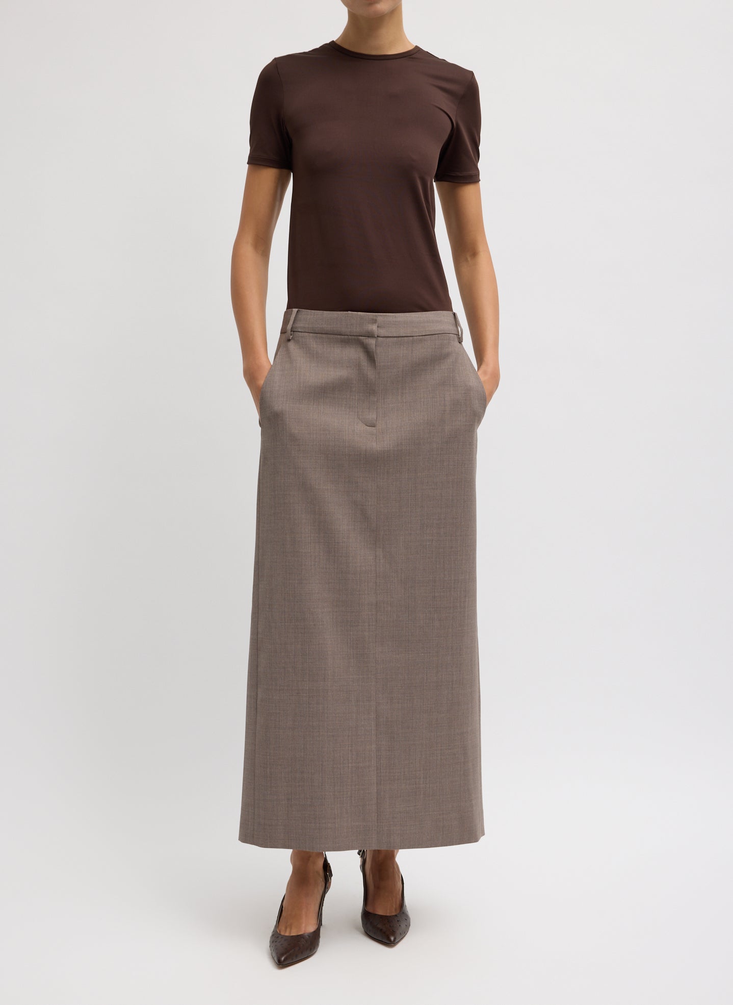 Hickory Brown Stretch Light Weight Tech Knit Short Sleeve T-Shirt - full look, front view on model