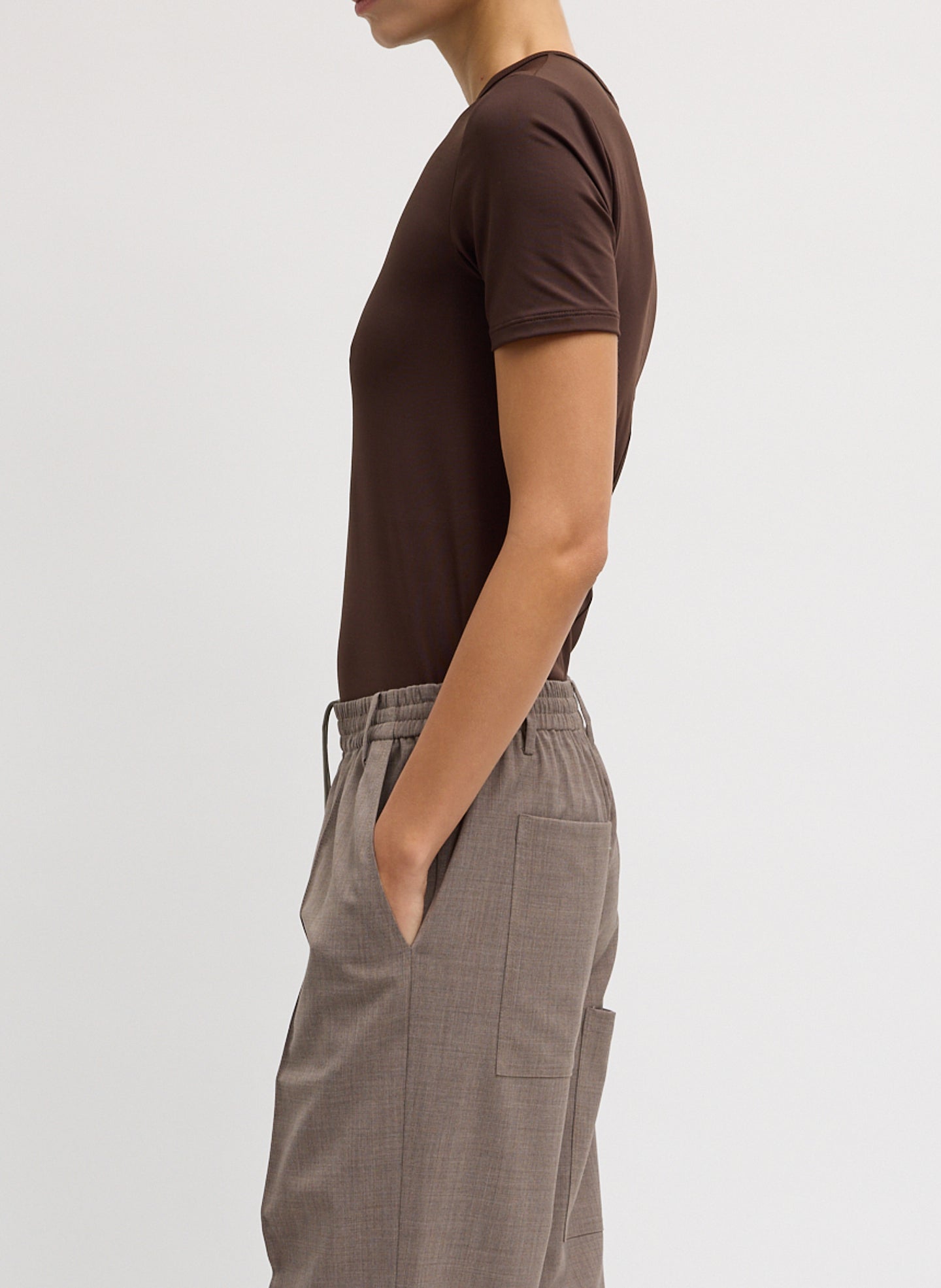 Hickory Brown Stretch Light Weight Tech Knit Short Sleeve T-Shirt - side view on model