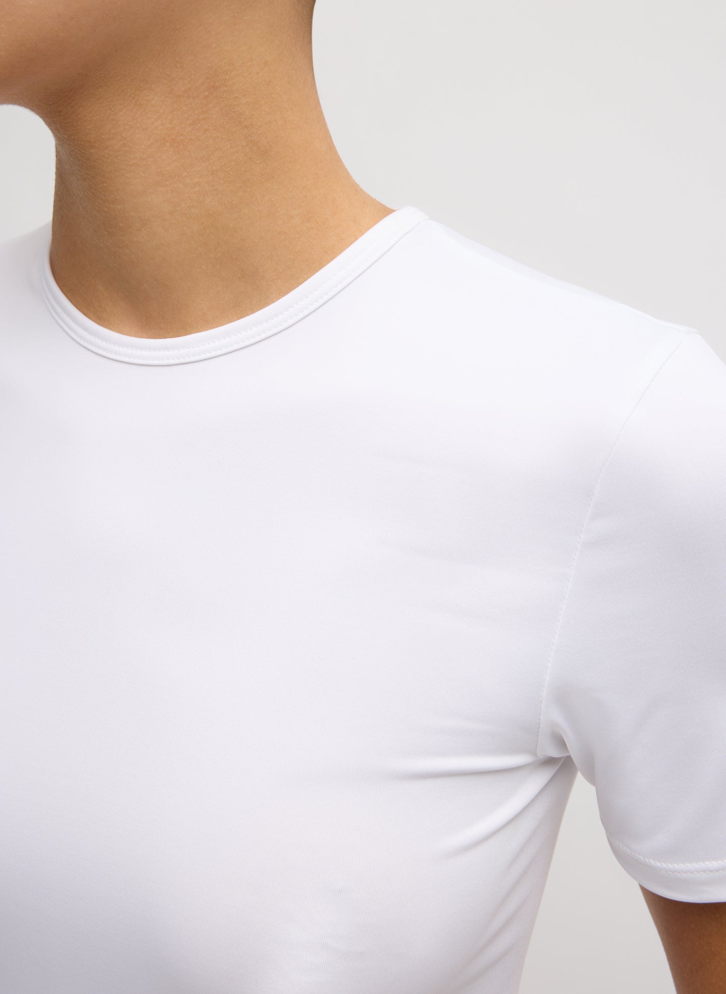 White Stretch Light Weight Tech Knit Short Sleeve T-Shirt - closeup of neckline