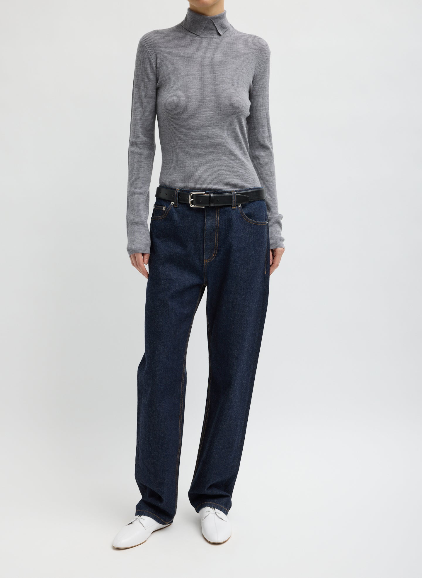 Dark Denim Selvage Denim 5 Pocket Alec Jean - full look, front view on model
