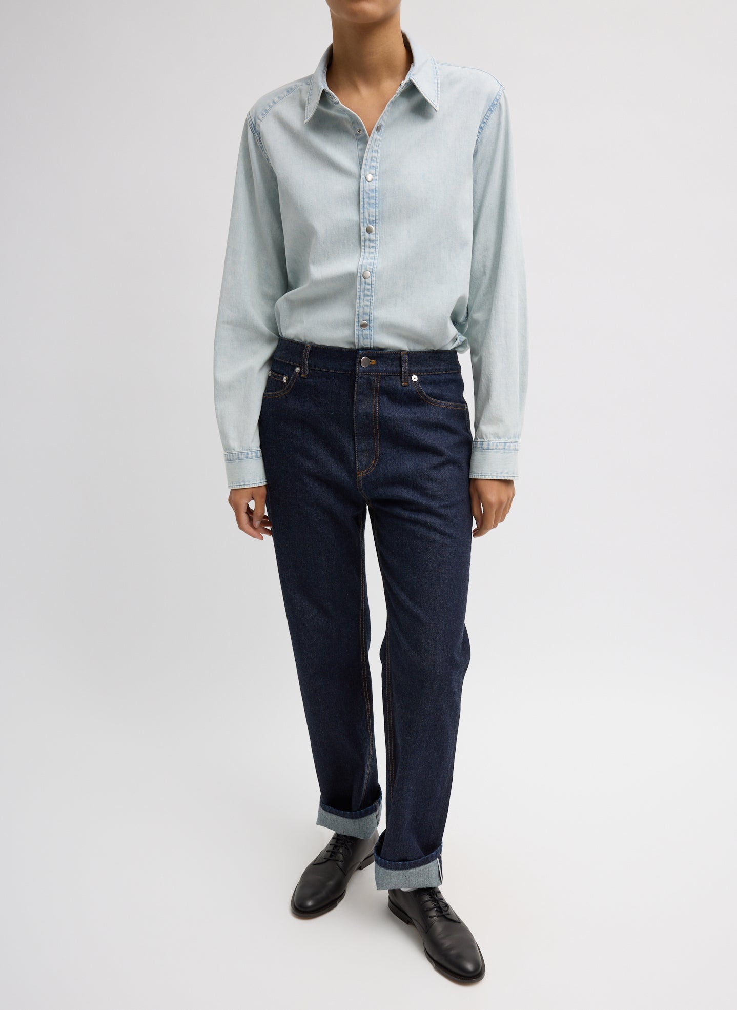 Selvage Denim 5 Pocket Alec Jean - Dark Denim Selvage Denim 5 Pocket Alec Jean - straight leg, front view on model