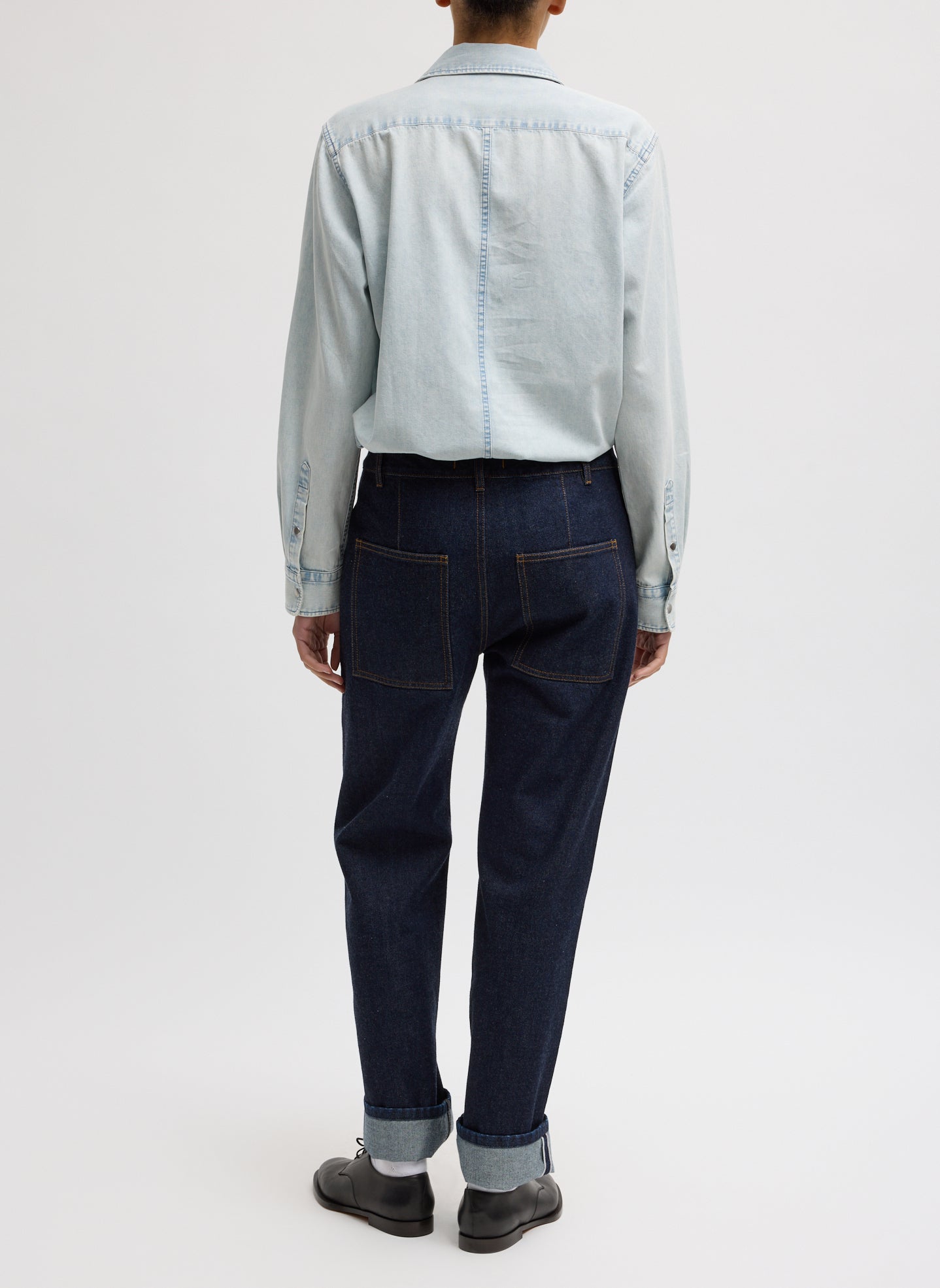 Dark Denim Selvage Denim 5 Pocket Alec Jean - straight leg, back view on model