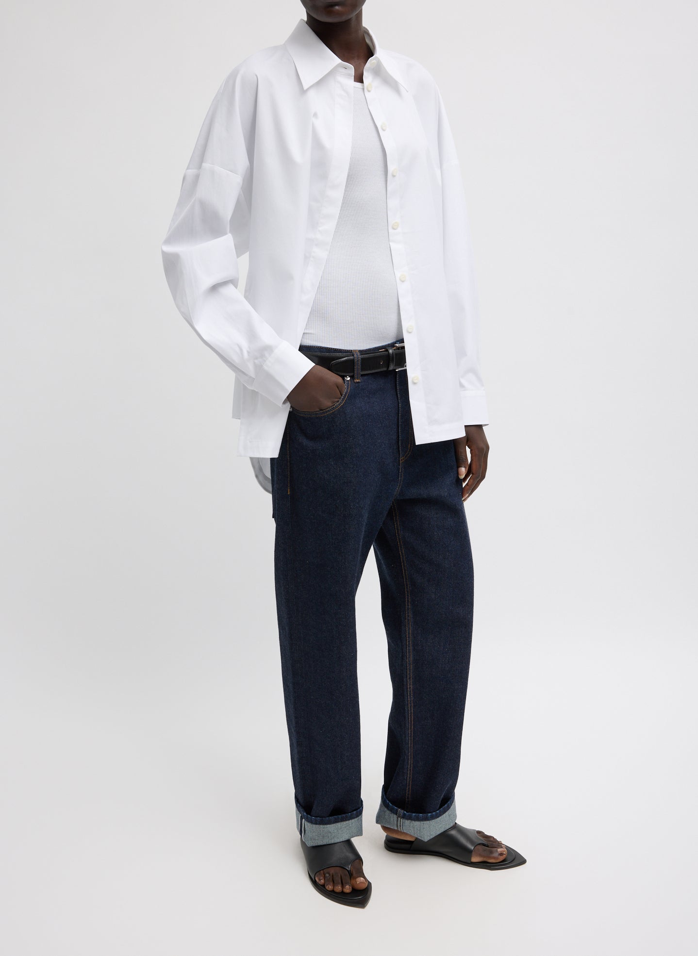 Dark Denim Selvage Denim 5 Pocket Alec Jean - full look, front view on model