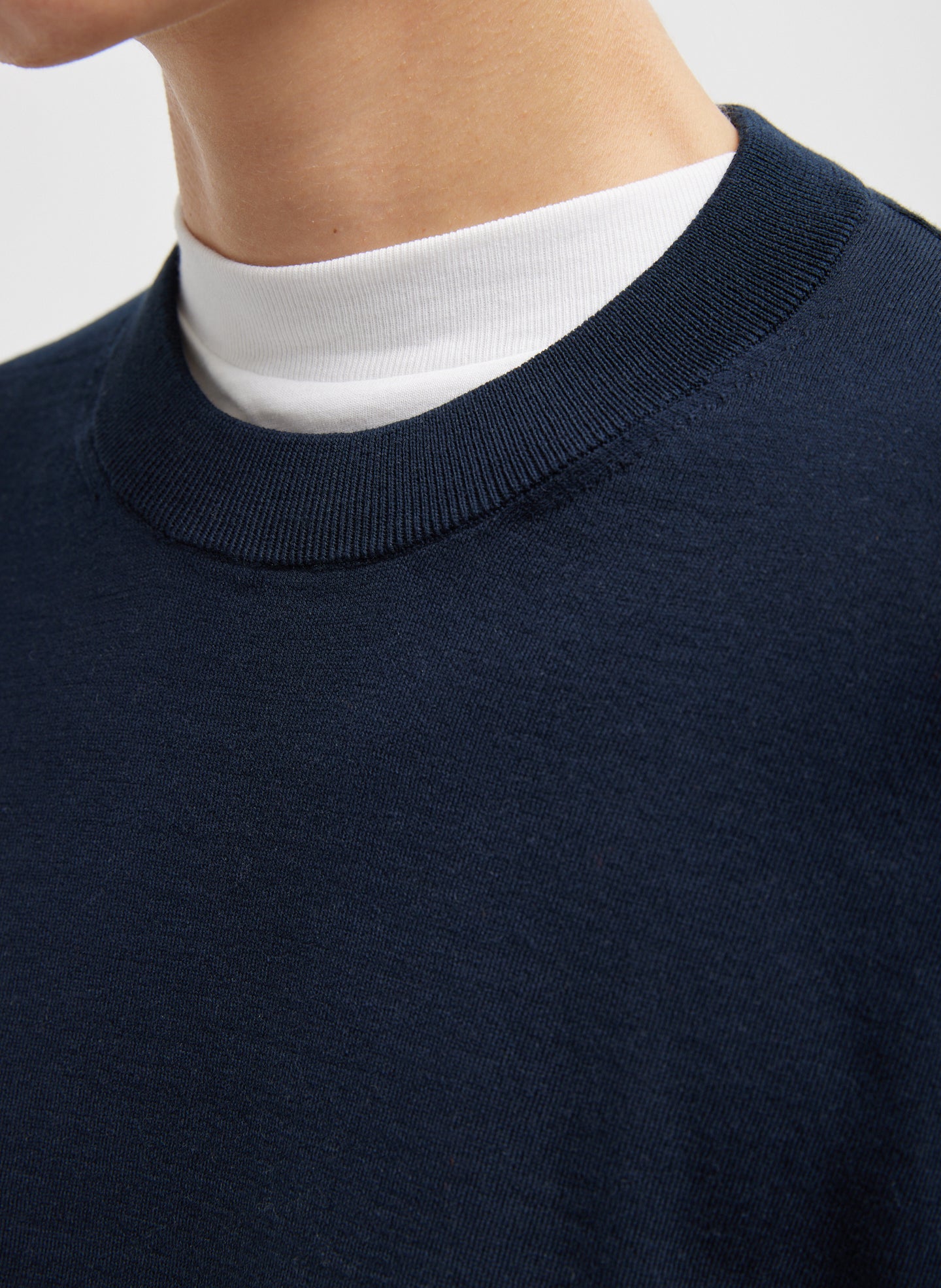 Navy Super Fine Gauge Perfect Men's Pullover - closeup of neckline