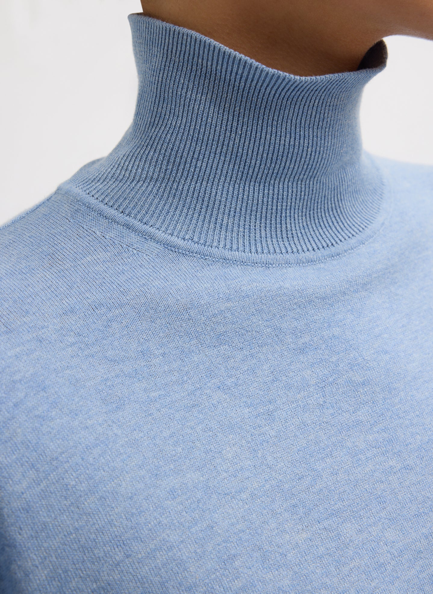 Blue Melange Super Fine Gauge Turtleneck - closeup of ribbed turtleneck detail