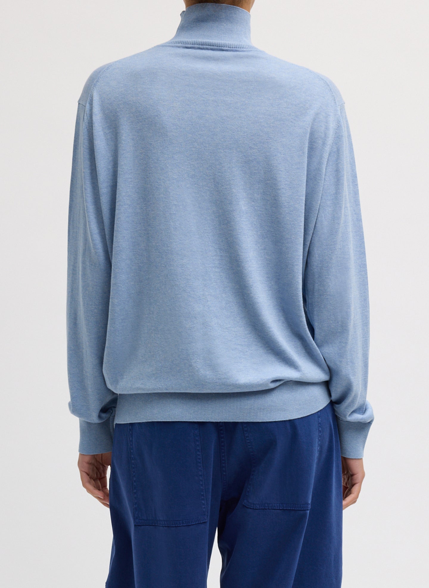 Blue Melange Super Fine Gauge Turtleneck - thin turtleneck top, back view on model