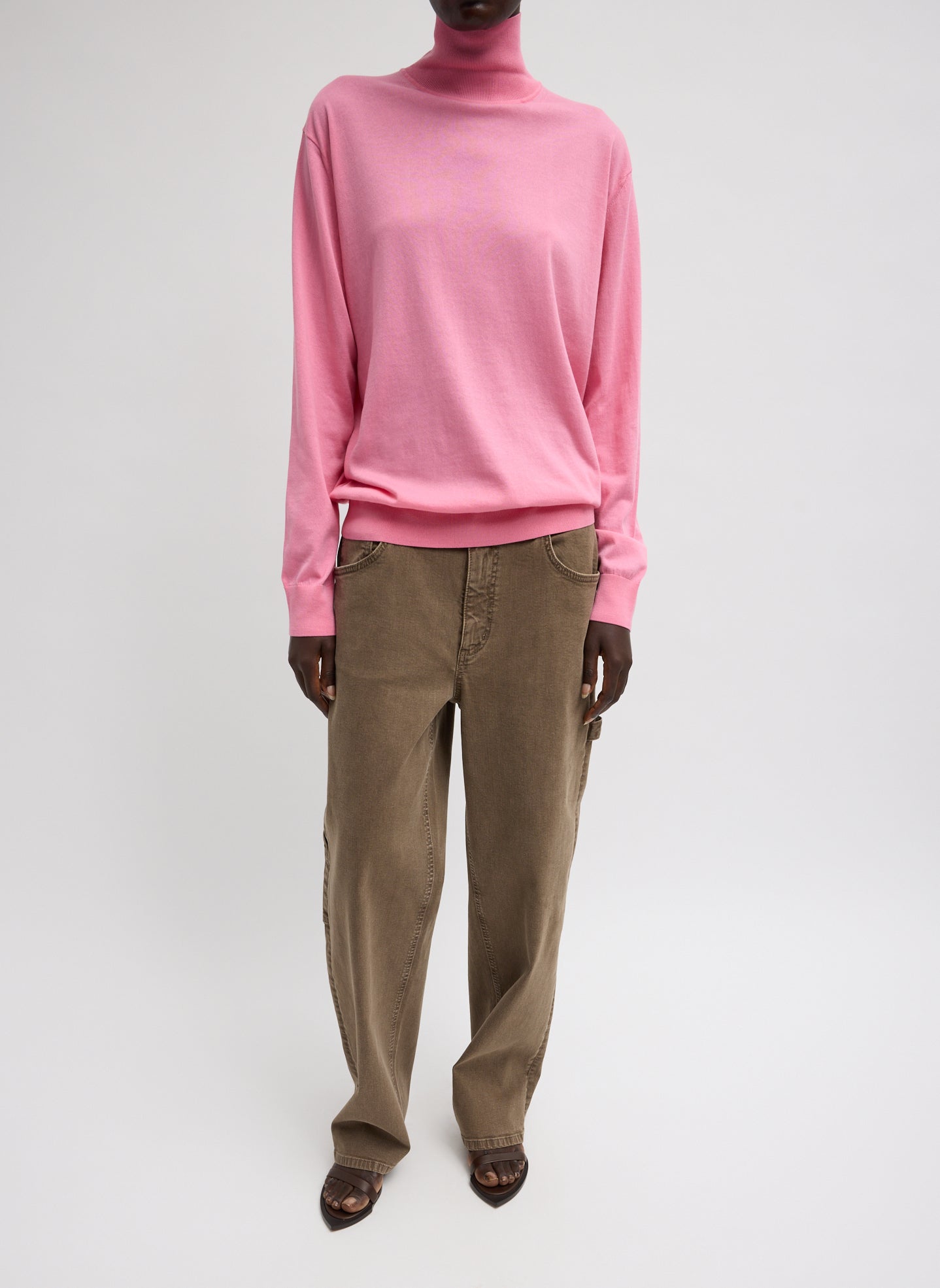 Bubble Gum Pink Super Fine Gauge Turtleneck -full look, front view on model