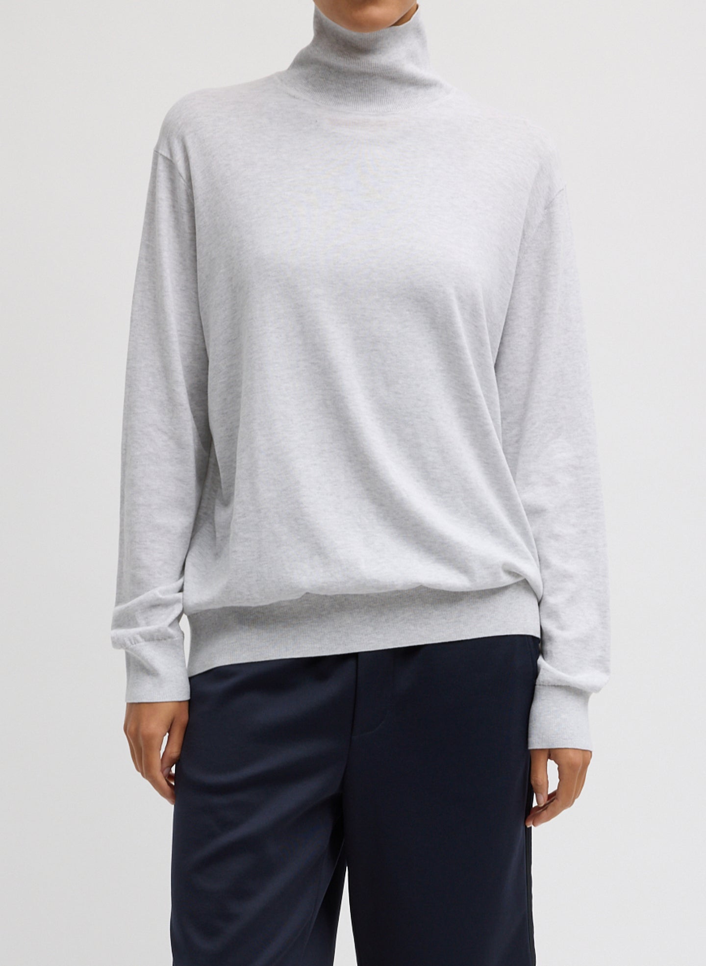 Heather Grey Super Fine Gauge Turtleneck - thin turtleneck top, front view on model