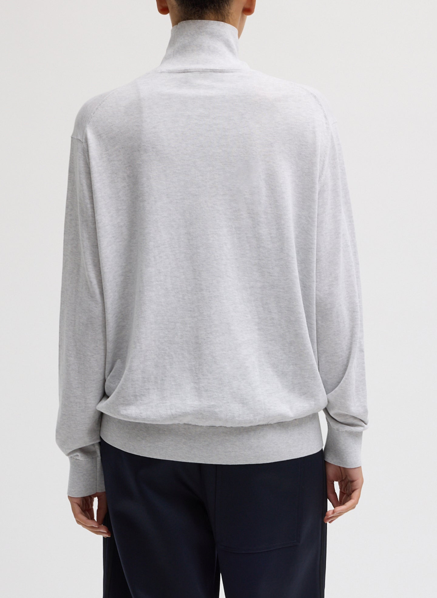 Heather Grey Super Fine Gauge Turtleneck - thin turtleneck top, back view on model