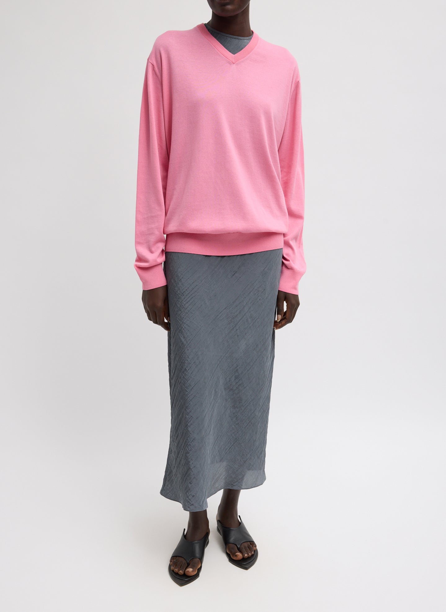 Bubble Gum Pink Super Fine Gauge V-Neck - full look, front view on model