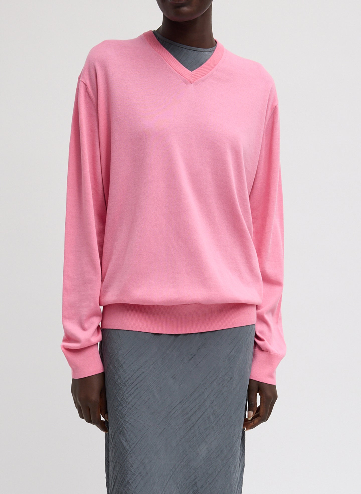 Bubble Gum Pink Super Fine Gauge V-Neck - think v-neck top, front view on model