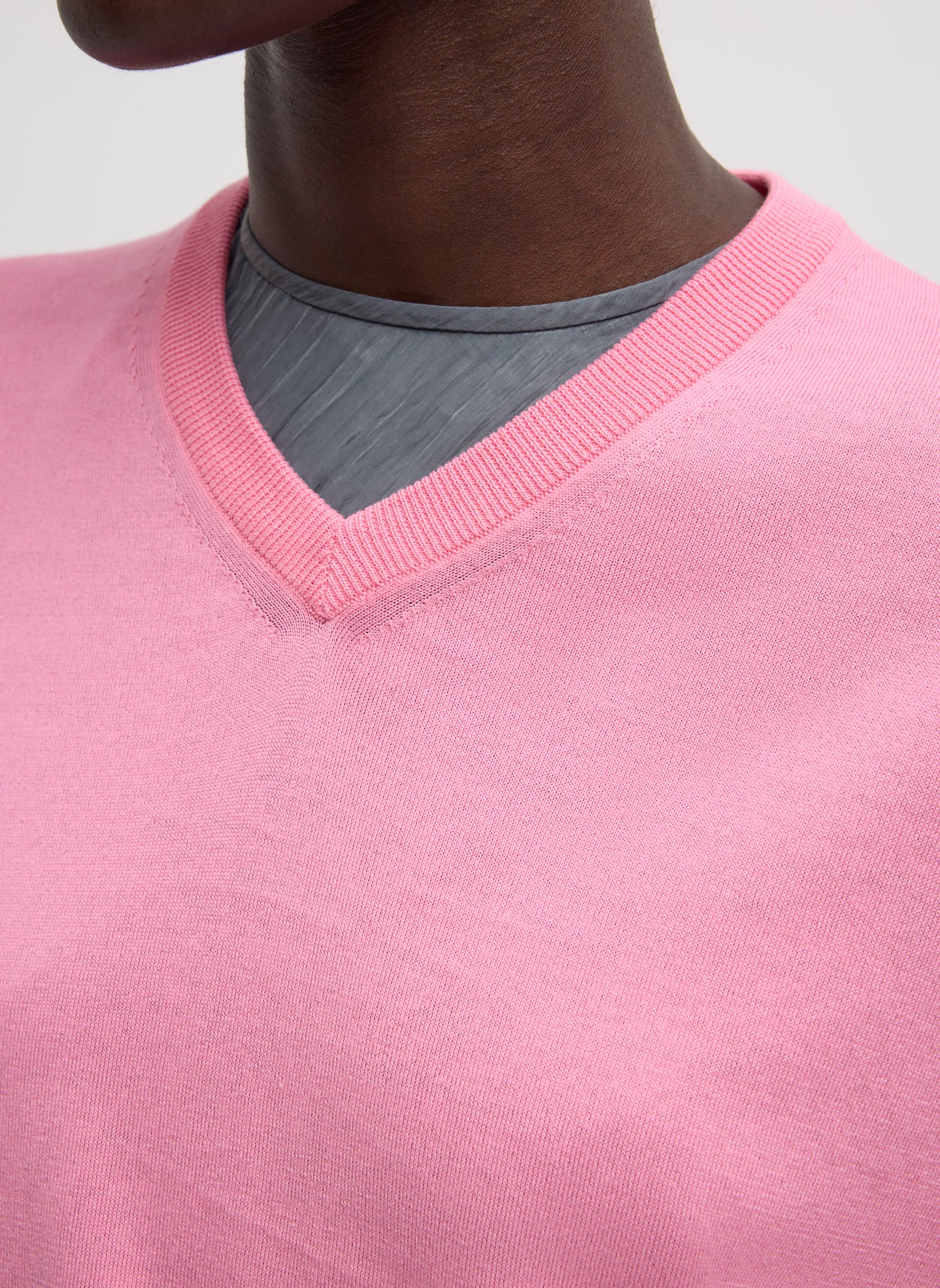 Bubble Gum Pink Super Fine Gauge V-Neck - closeup of v-neck neckline