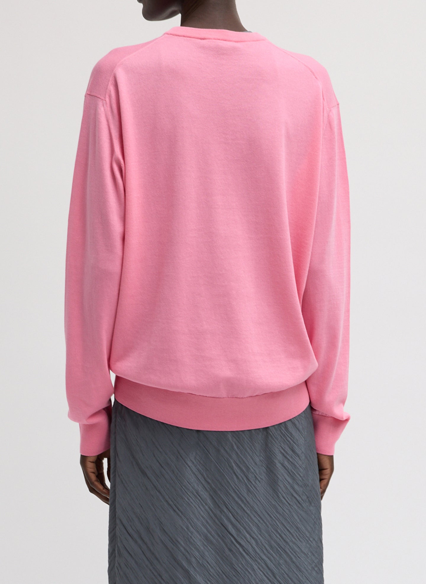 Bubble Gum Pink Super Fine Gauge V-Neck - think v-neck top, back view on model