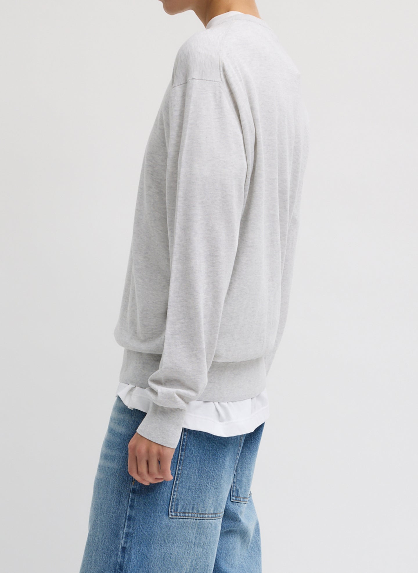 Light Heather Grey Super Fine Gauge V-Neck - thin v-neck top, side view on model