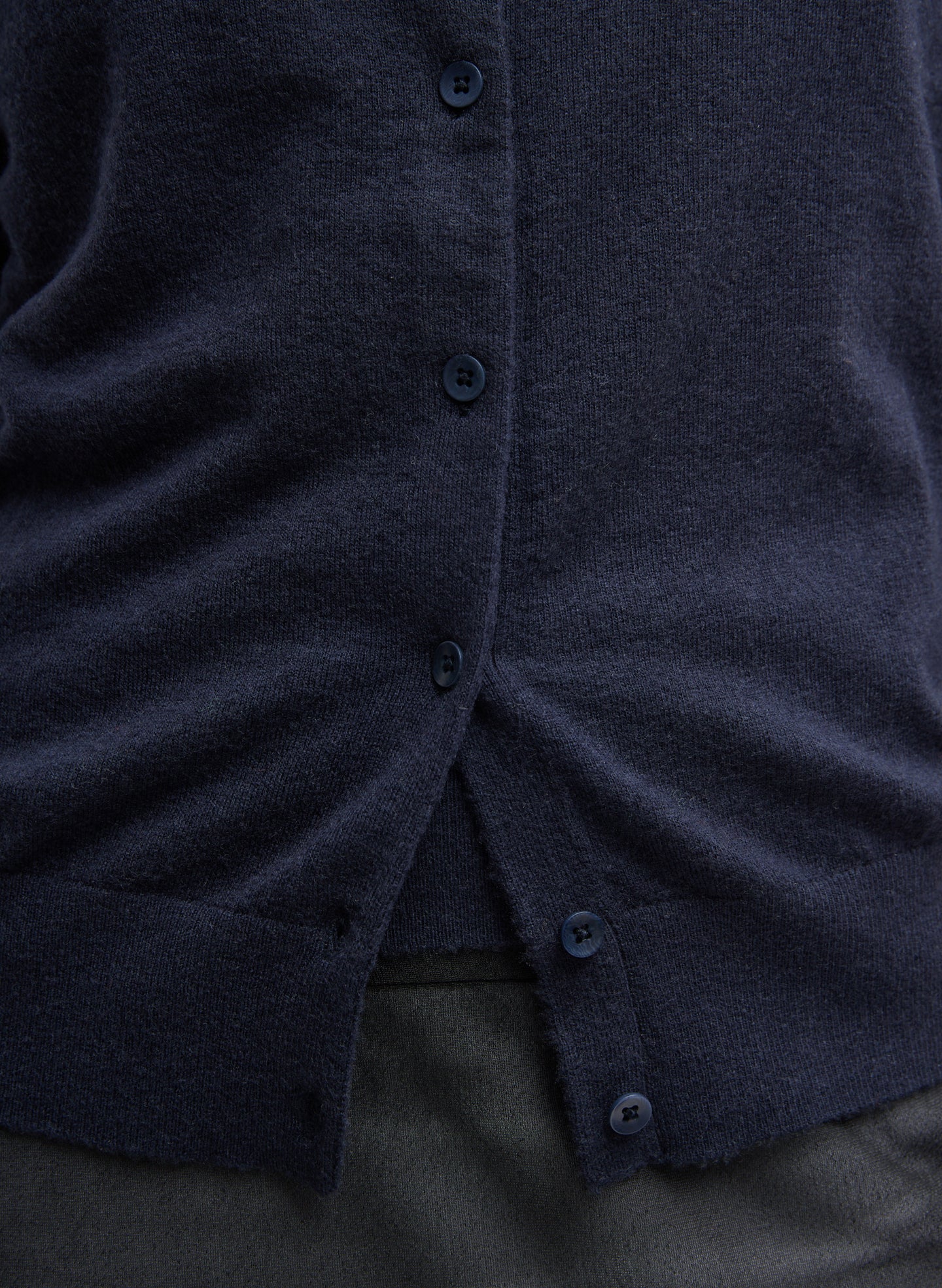 Navy Skinlike Mercerized Wool Shrunken Cardigan - closeup of button details at front