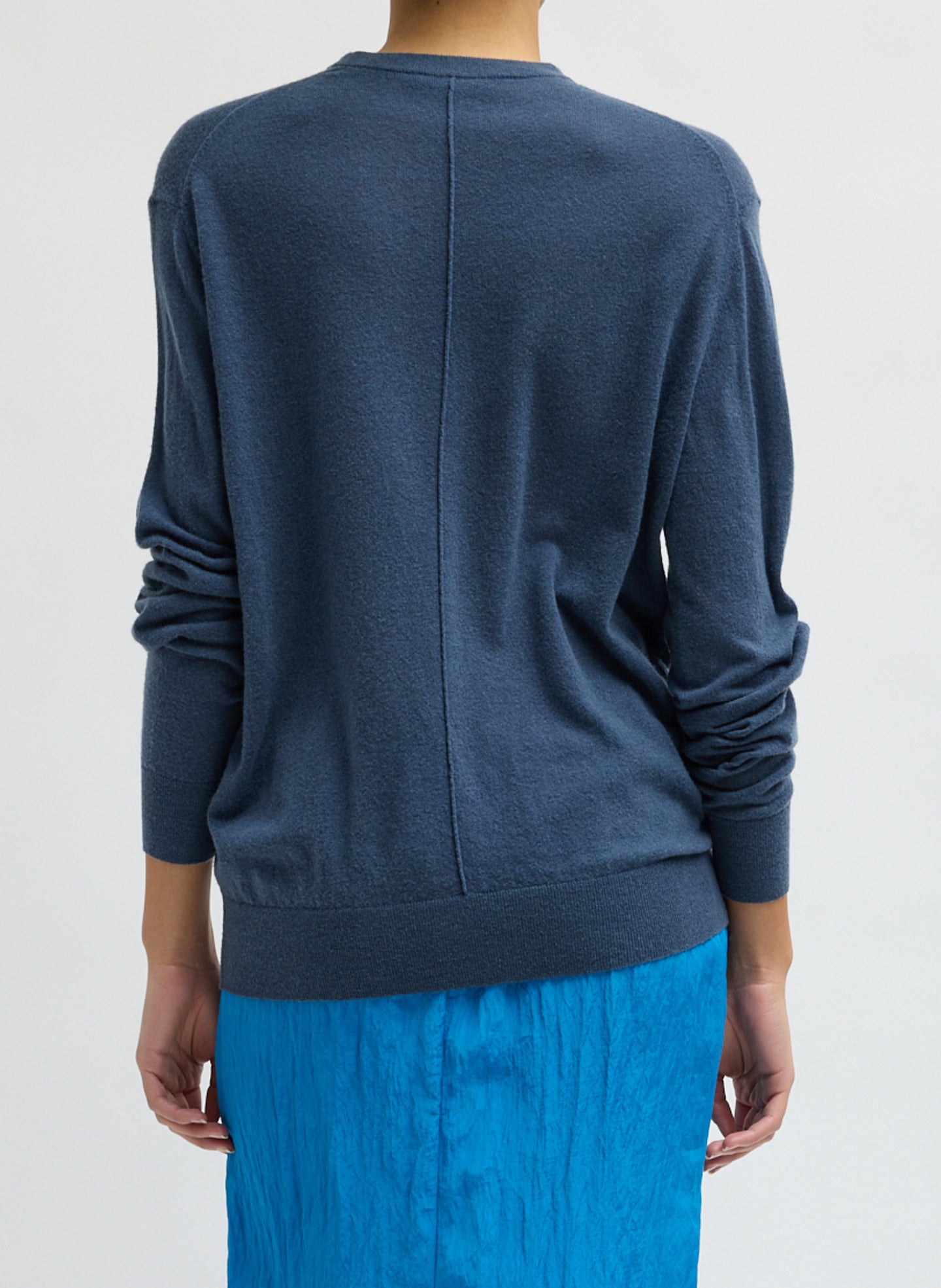 Blue Fog Skinlike Mercerized Wool Crewneck Pullover - sweater, back view on model