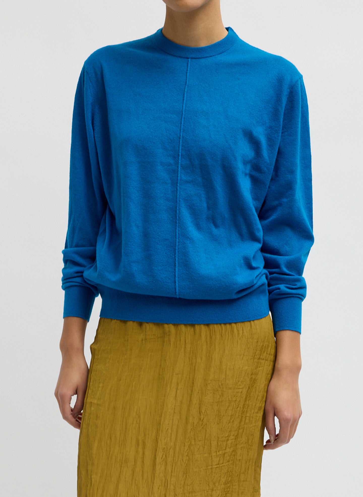 Bright Blue Skinlike Mercerized Wool Crewneck Pullover - sweater, front view on model
