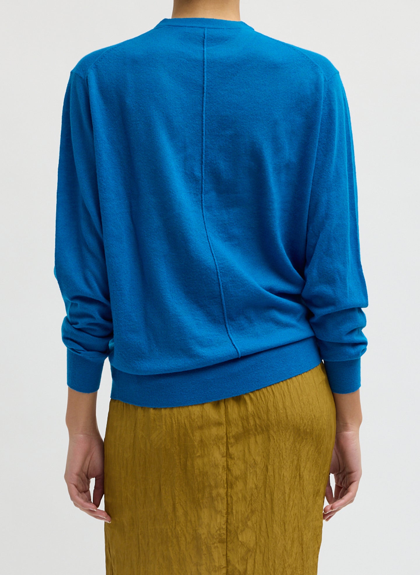 Bright Blue Skinlike Mercerized Wool Crewneck Pullover - sweater, back view on model