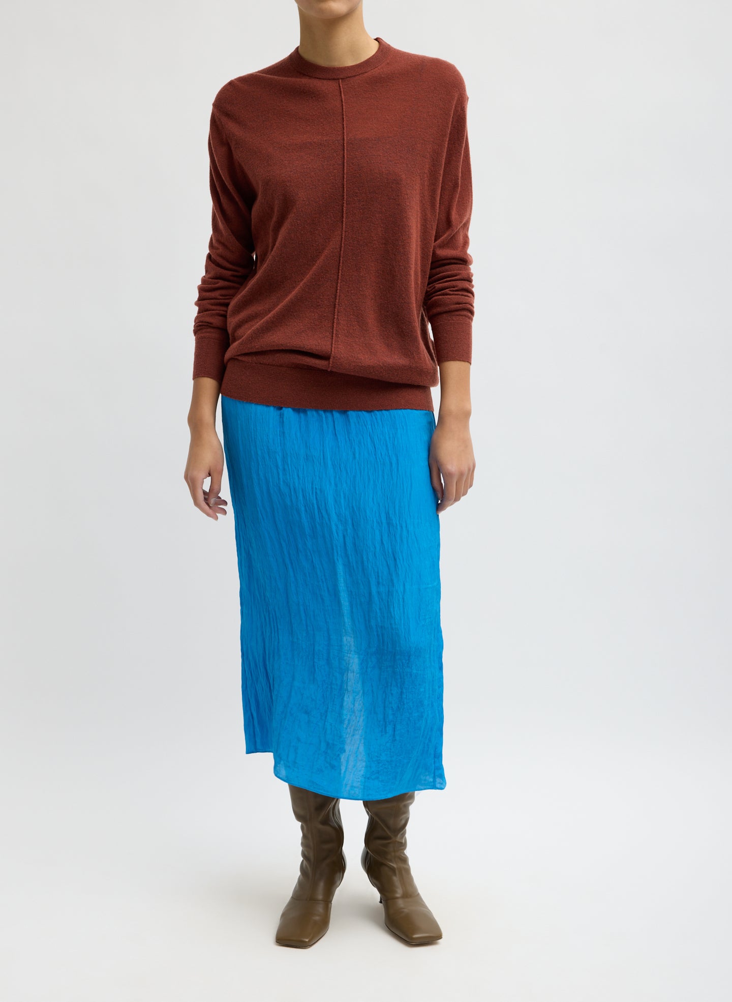 Red Clay Skinlike Mercerized Wool Crewneck Pullover - full look, front view on model