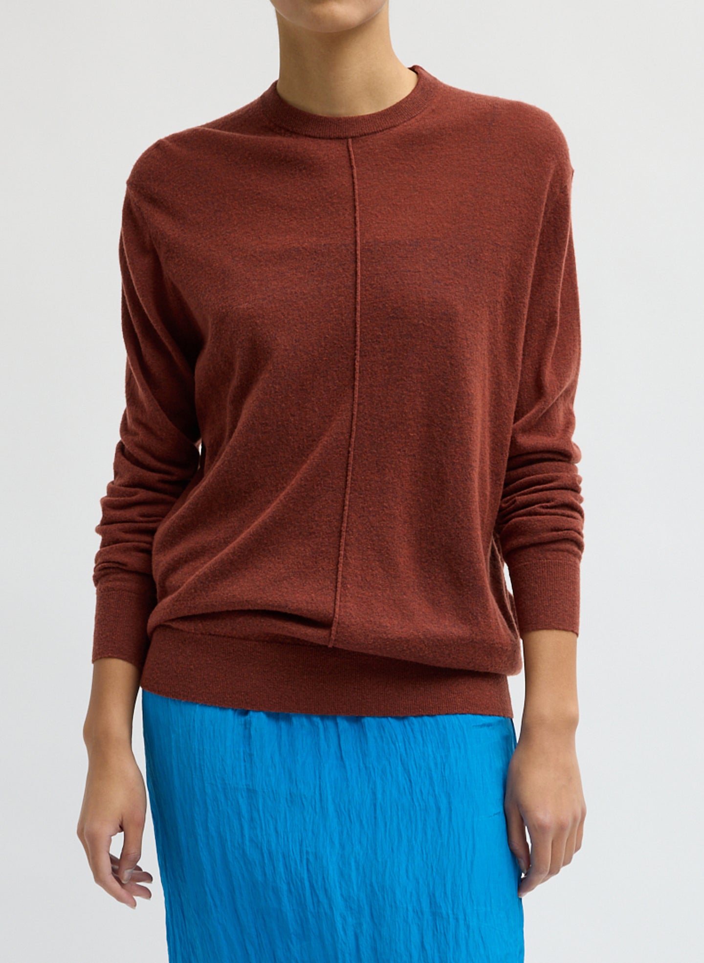 Red Clay Skinlike Mercerized Wool Crewneck Pullover - sweater, front view on model