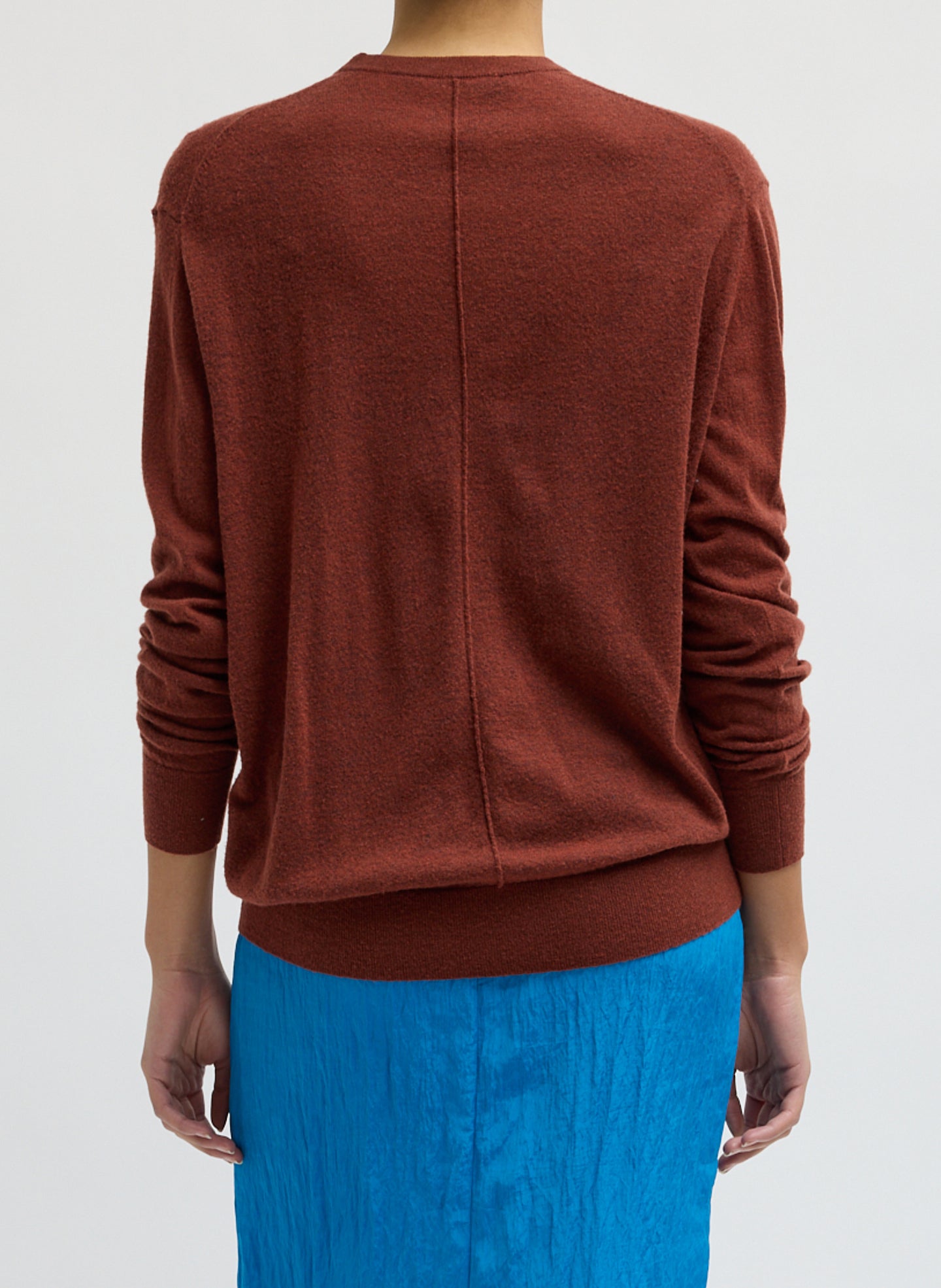 Red Clay Skinlike Mercerized Wool Crewneck Pullover - sweater, back view on model
