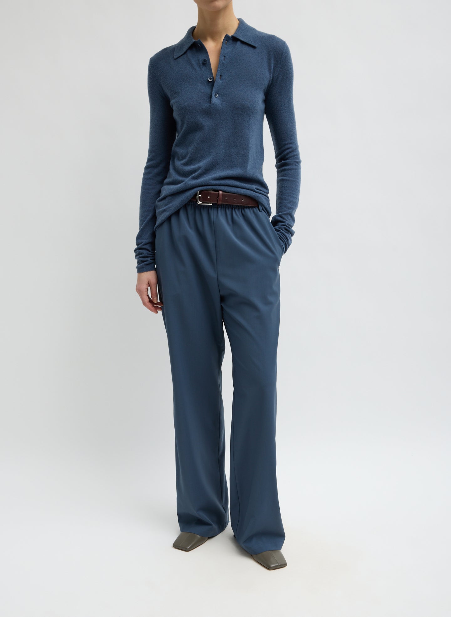 Blue Fog Skinlike Mercerized Wool Soft Sheer Polo - full look, front view on model