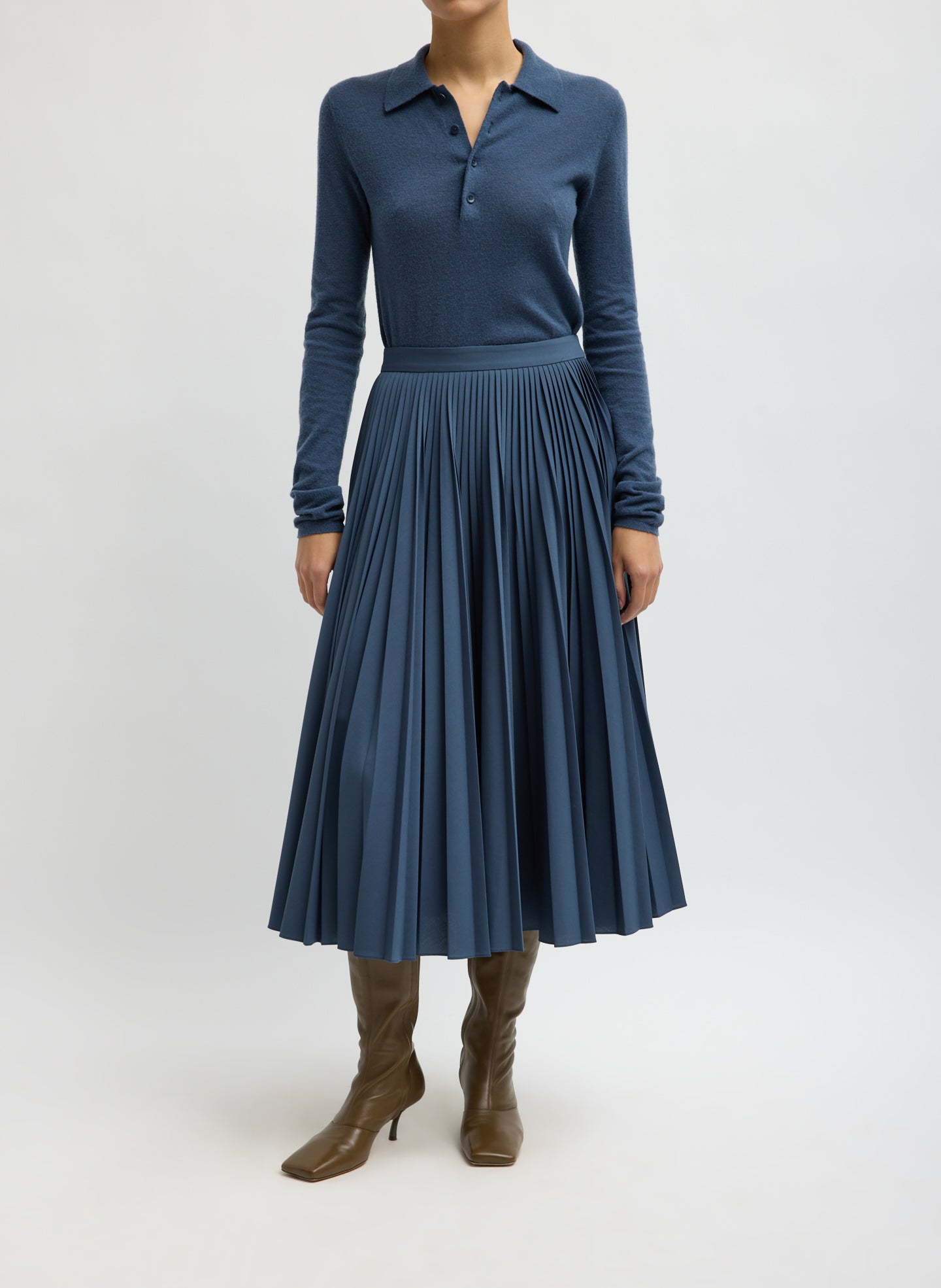 Blue Fog Skinlike Mercerized Wool Soft Sheer Polo - full look, front view on model