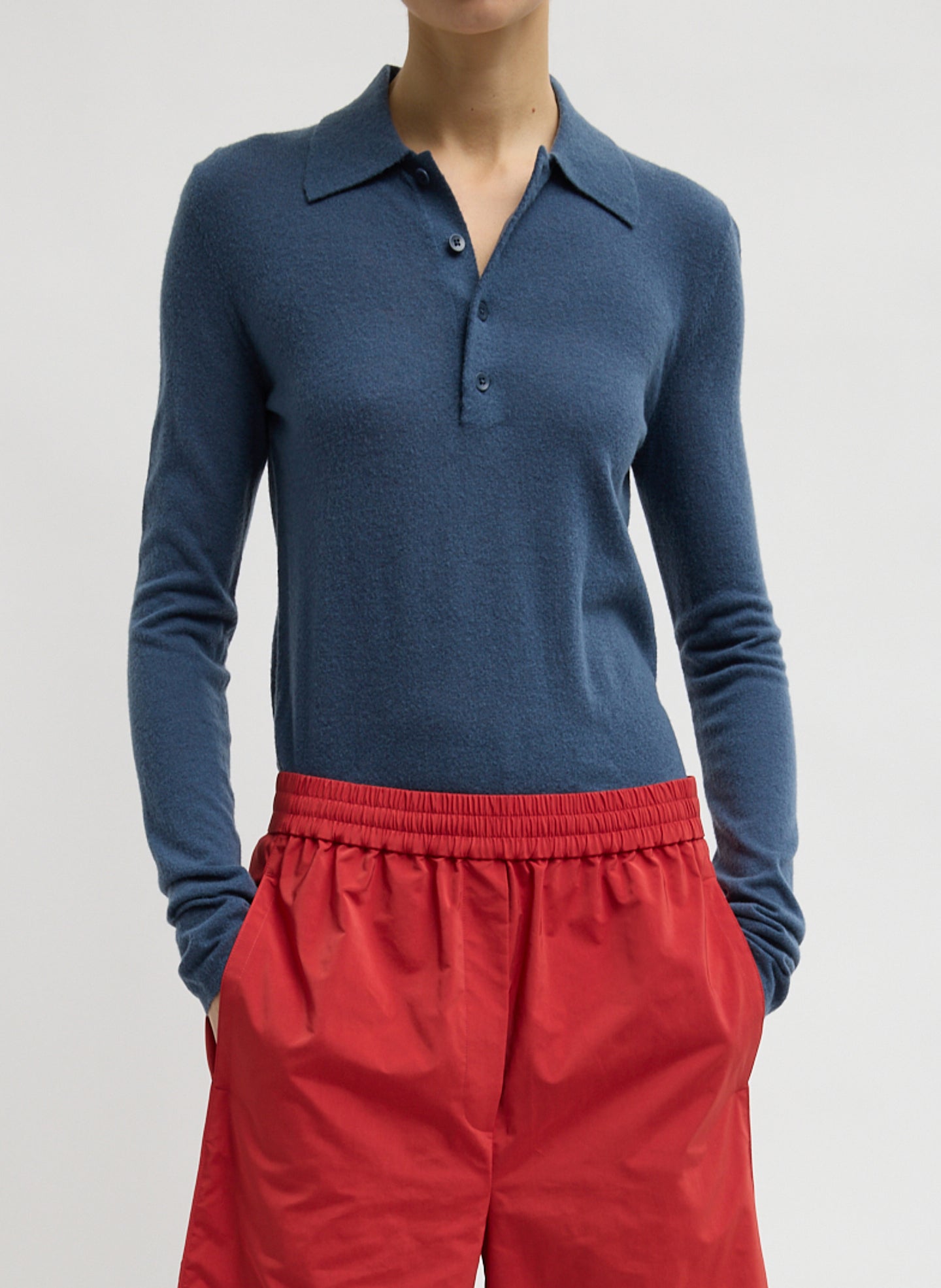 Blue Fog Skinlike Mercerized Wool Soft Sheer Polo - long sleeve polo, front view on model