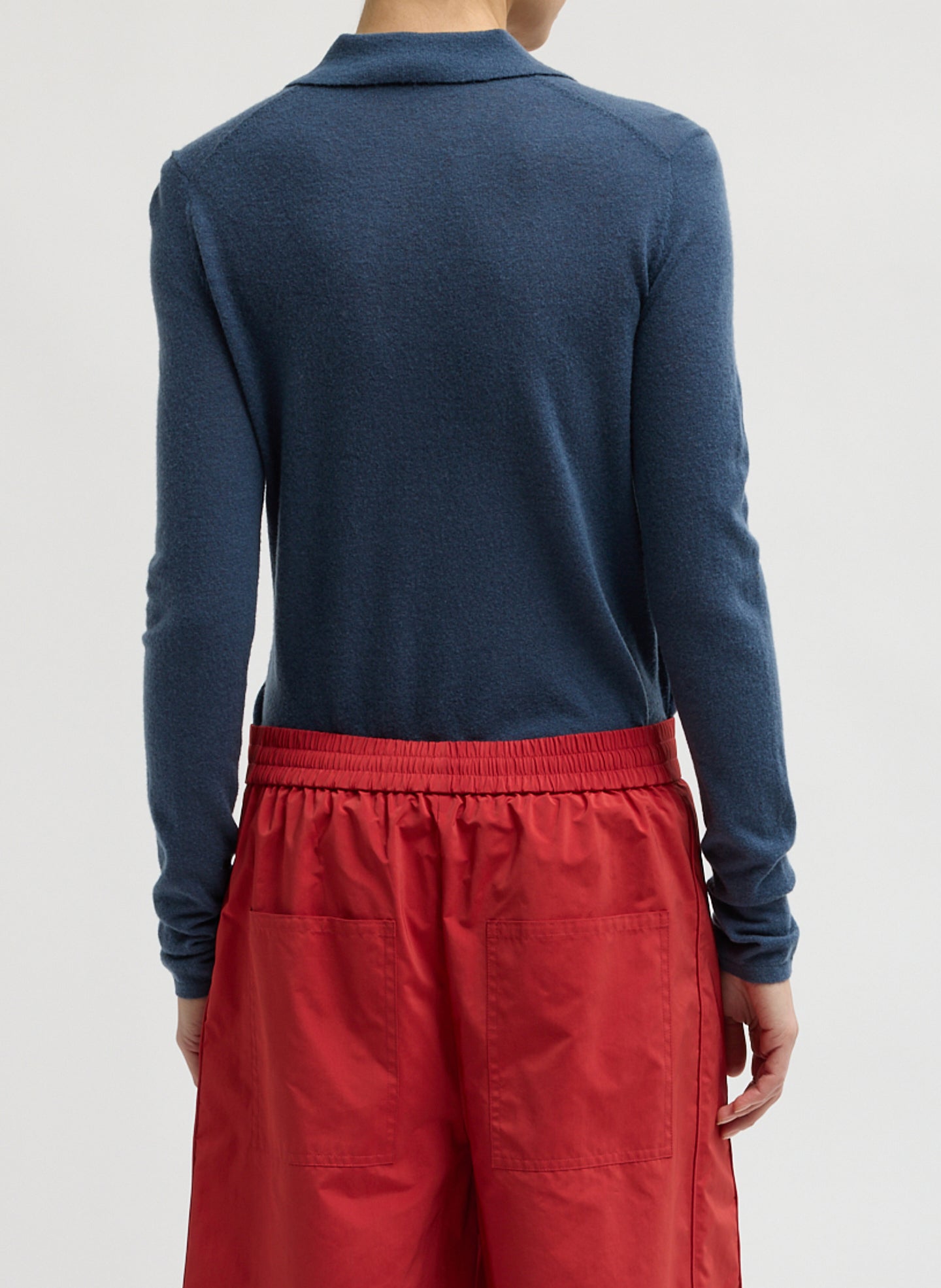 Blue Fog Skinlike Mercerized Wool Soft Sheer Polo - long sleeve polo, back view on model