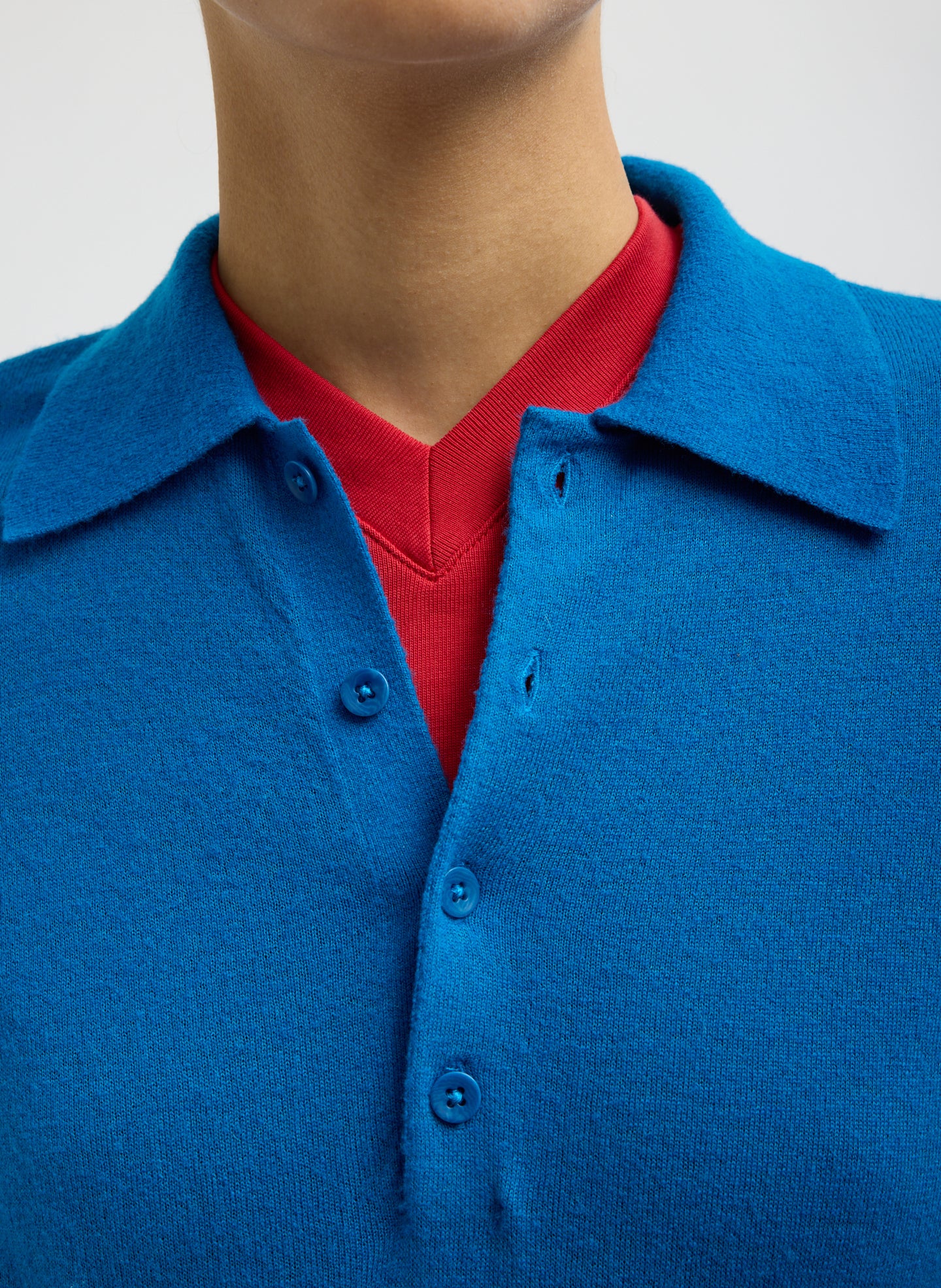 Bright Blue Skinlike Mercerized Wool Soft Sheer Polo - closeup of collar