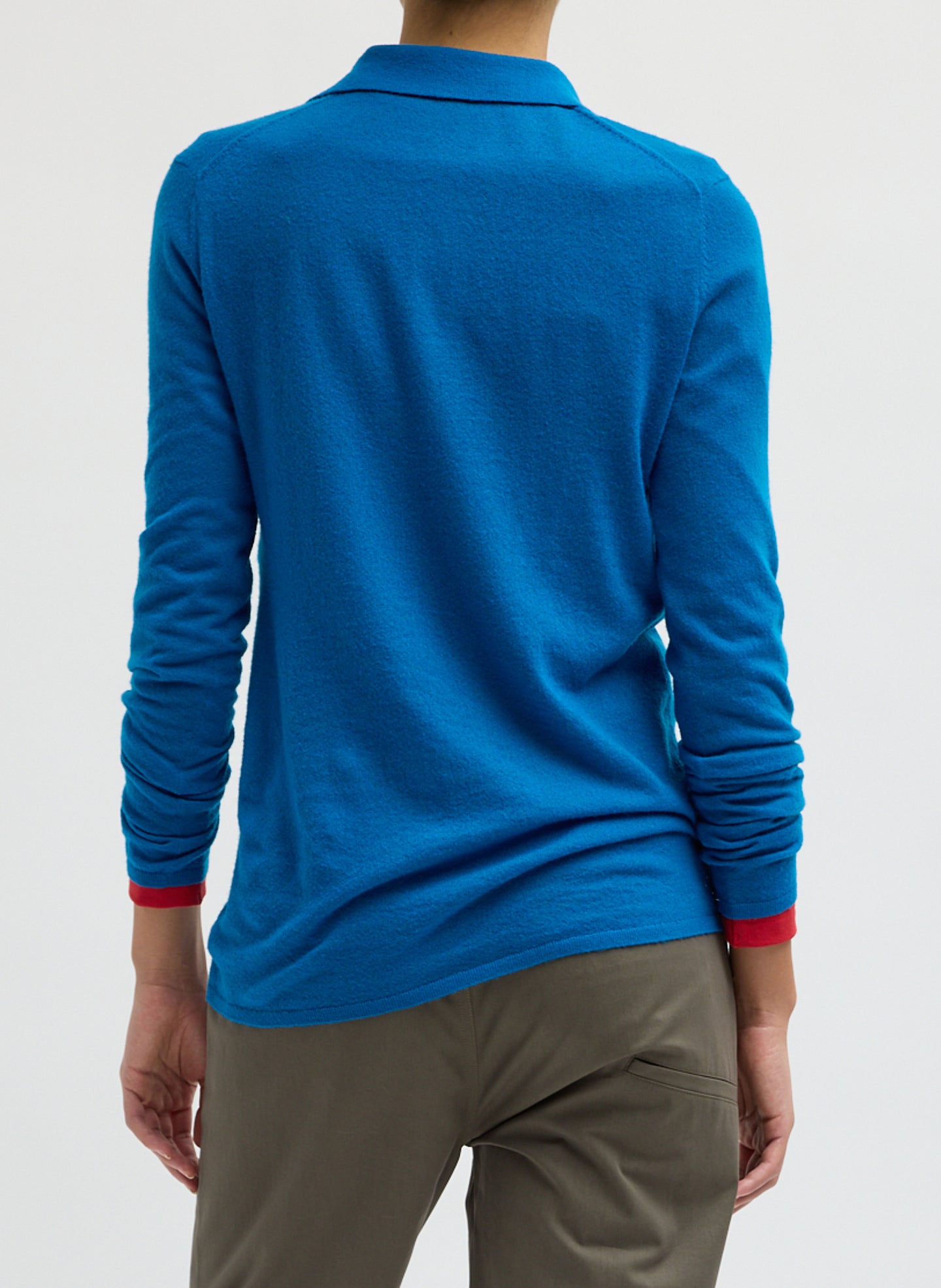 Bright Blue Skinlike Mercerized Wool Soft Sheer Polo - long sleeve polo, back view on model