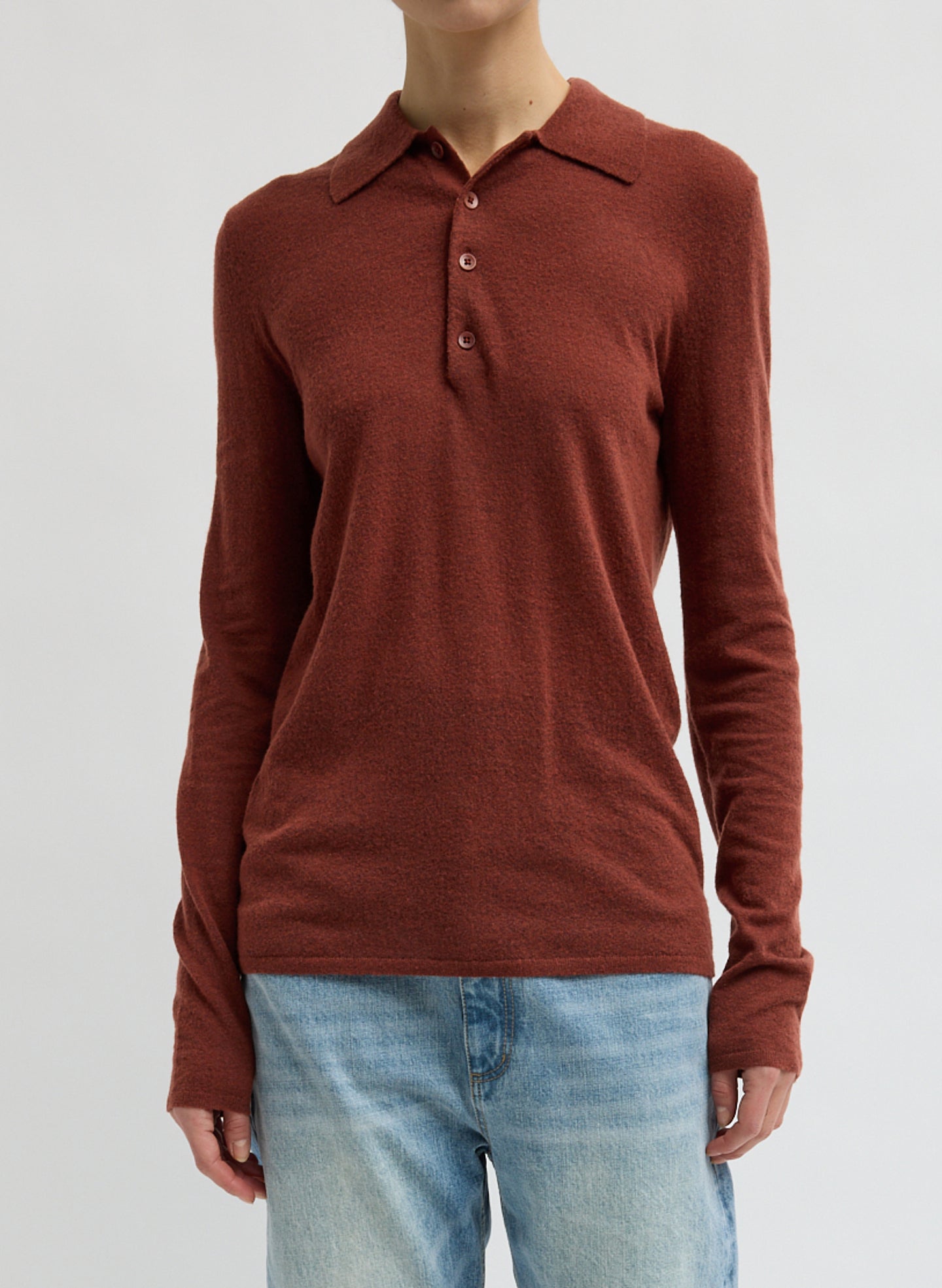 Red Clay Skinlike Mercerized Wool Soft Sheer Polo - long sleeve polo, front view on model