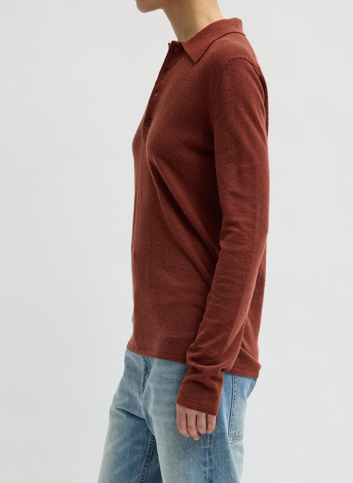 Red Clay Skinlike Mercerized Wool Soft Sheer Polo - long sleeve polo, side view on model