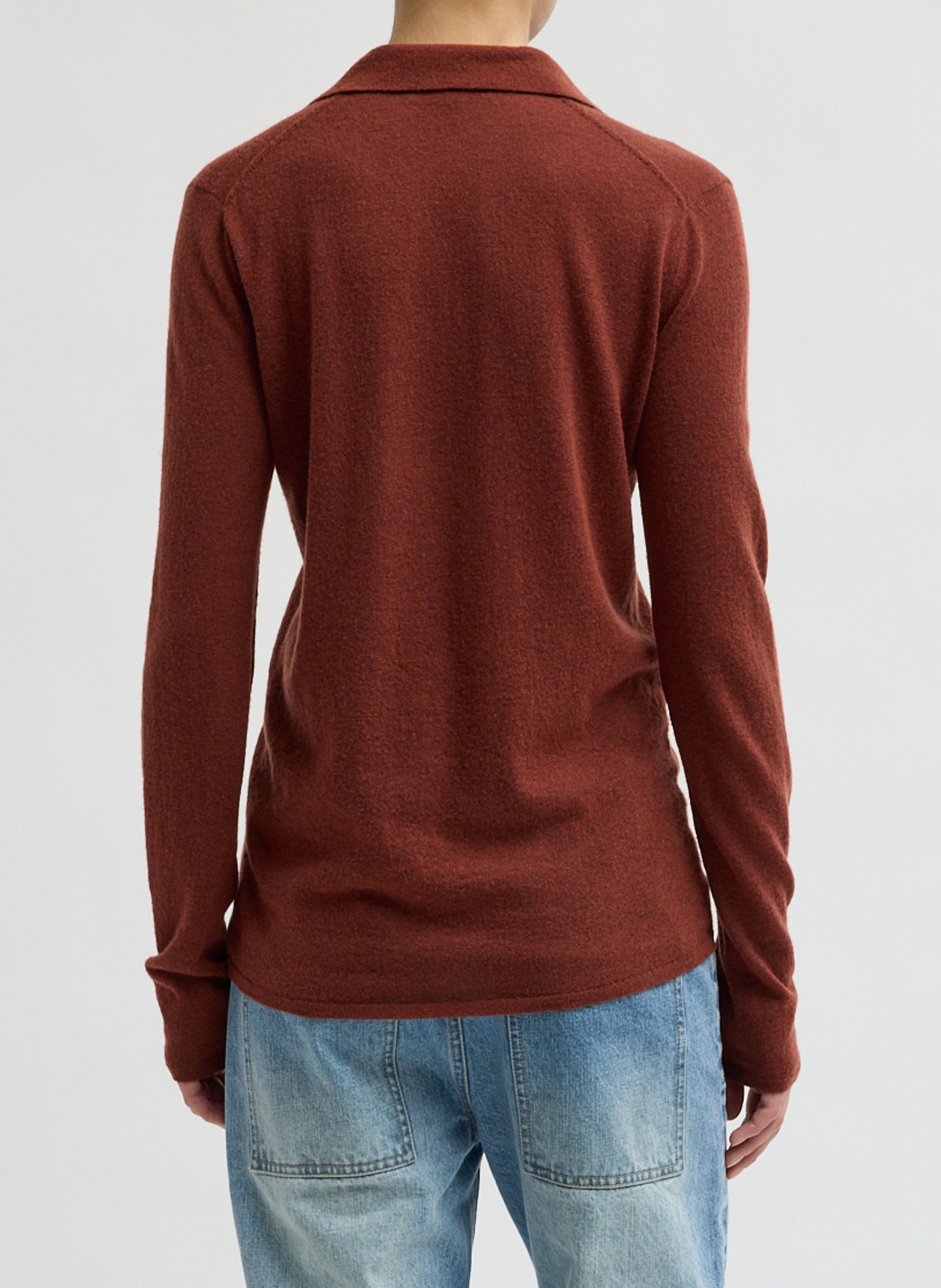 Red Clay Skinlike Mercerized Wool Soft Sheer Polo - long sleeve polo, back view on model