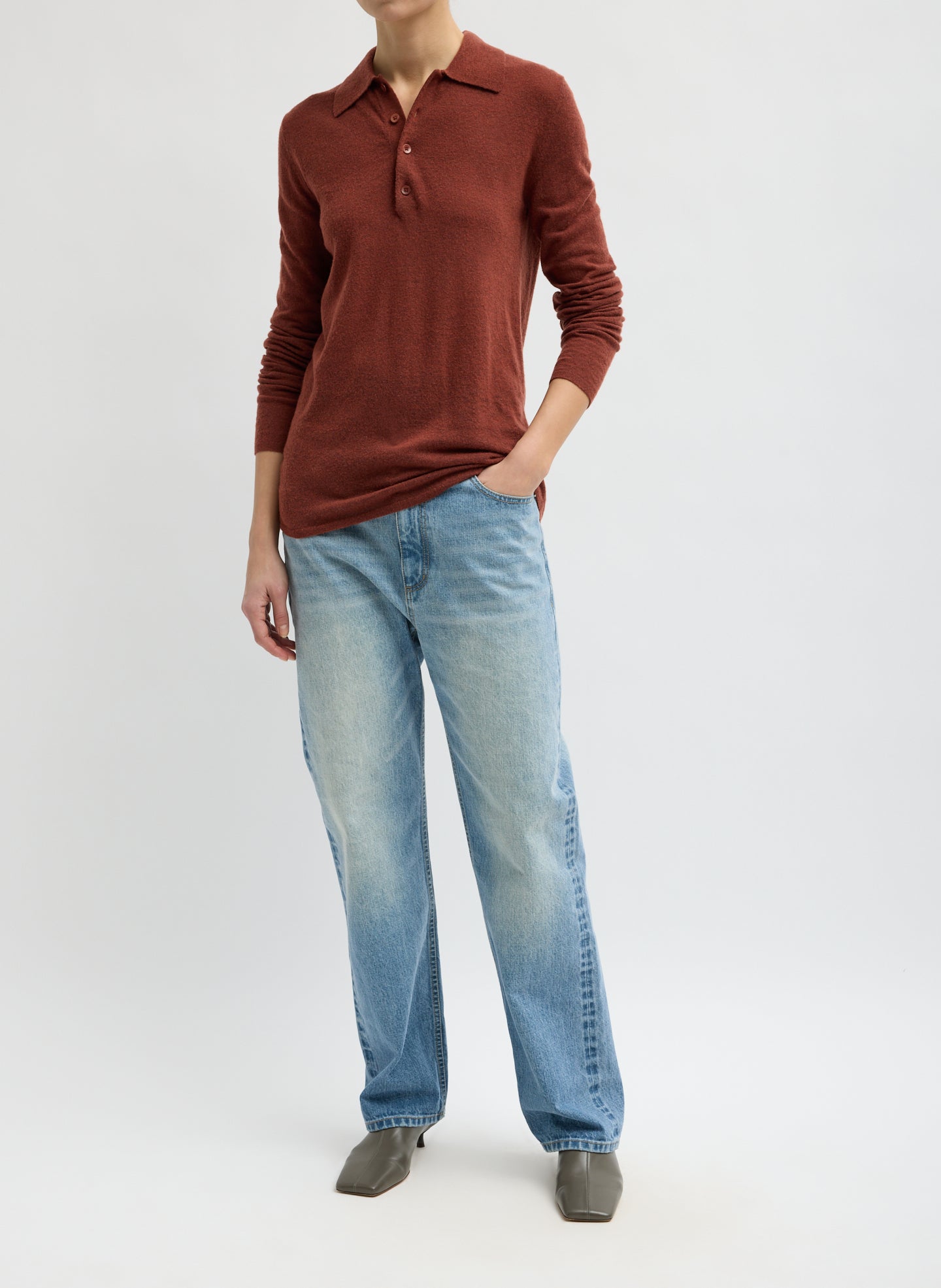 Red Clay Skinlike Mercerized Wool Soft Sheer Polo - full look, front view on model