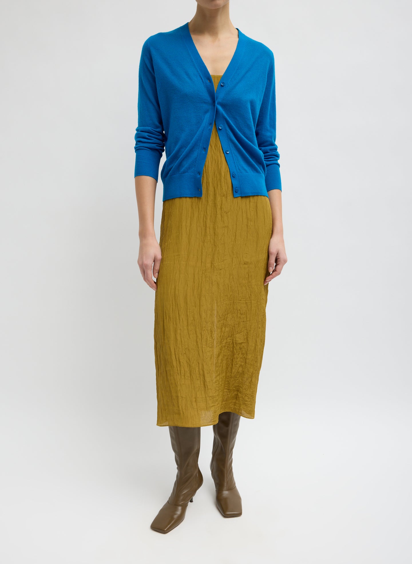 Bright Blue Skinlike Mercerized Wool V-Neck Shrunken Cardigan - full look, front view on model