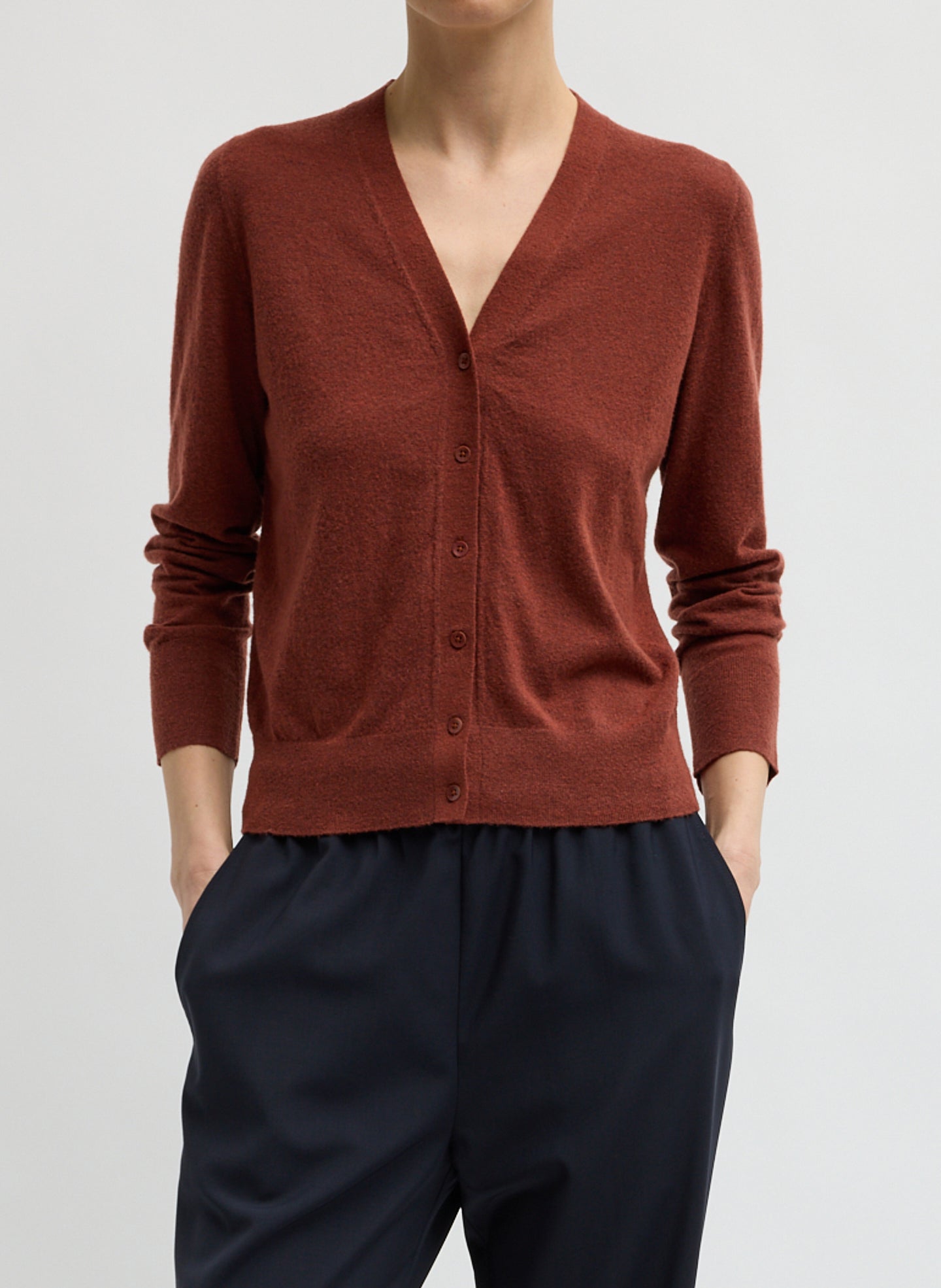 Red Clay Skinlike Mercerized Wool V-Neck Shrunken Cardigan - front view on model