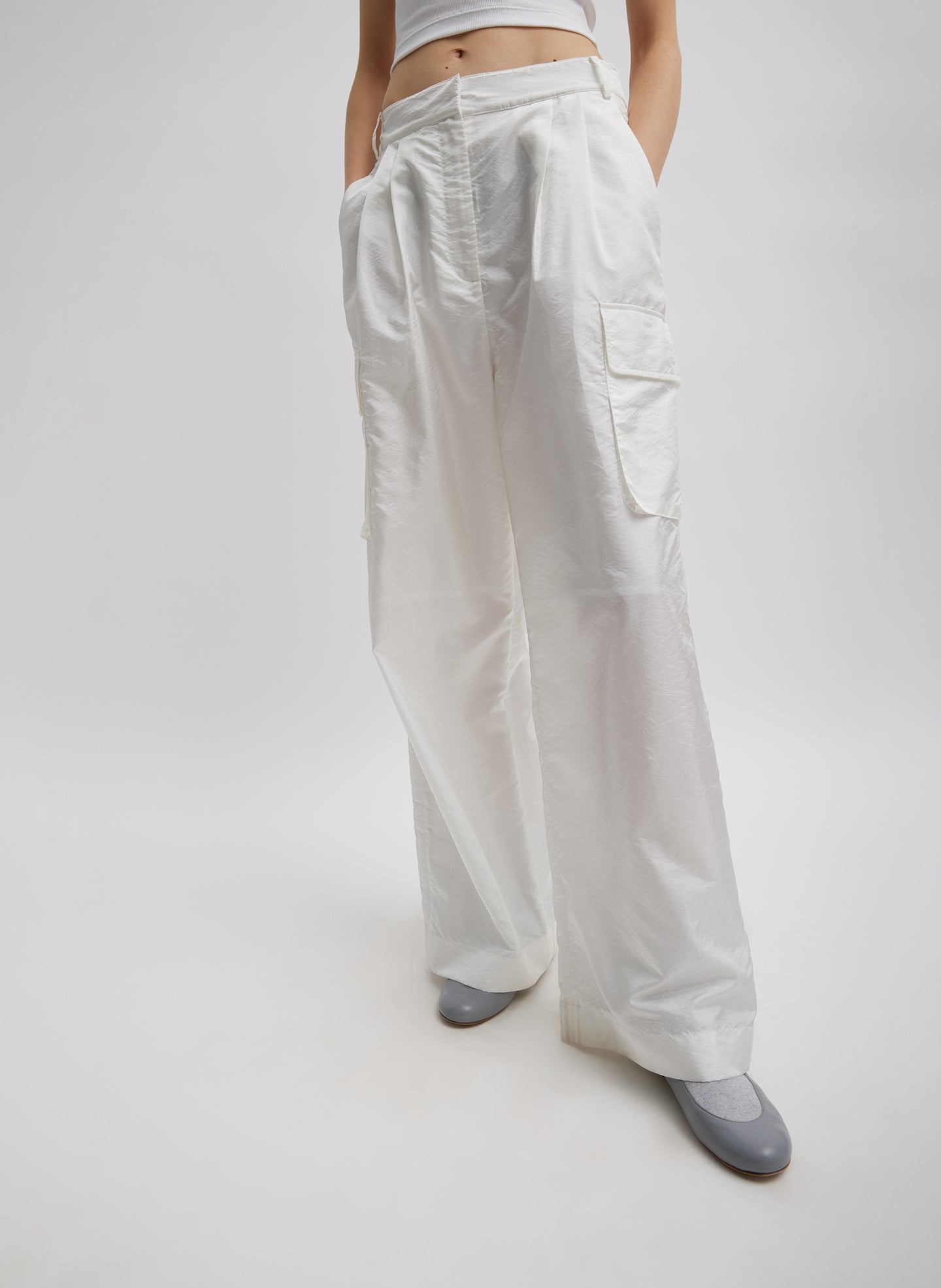 White Stella Crispy Nylon Pleated Cargo Pant - oversized fit, front view on model