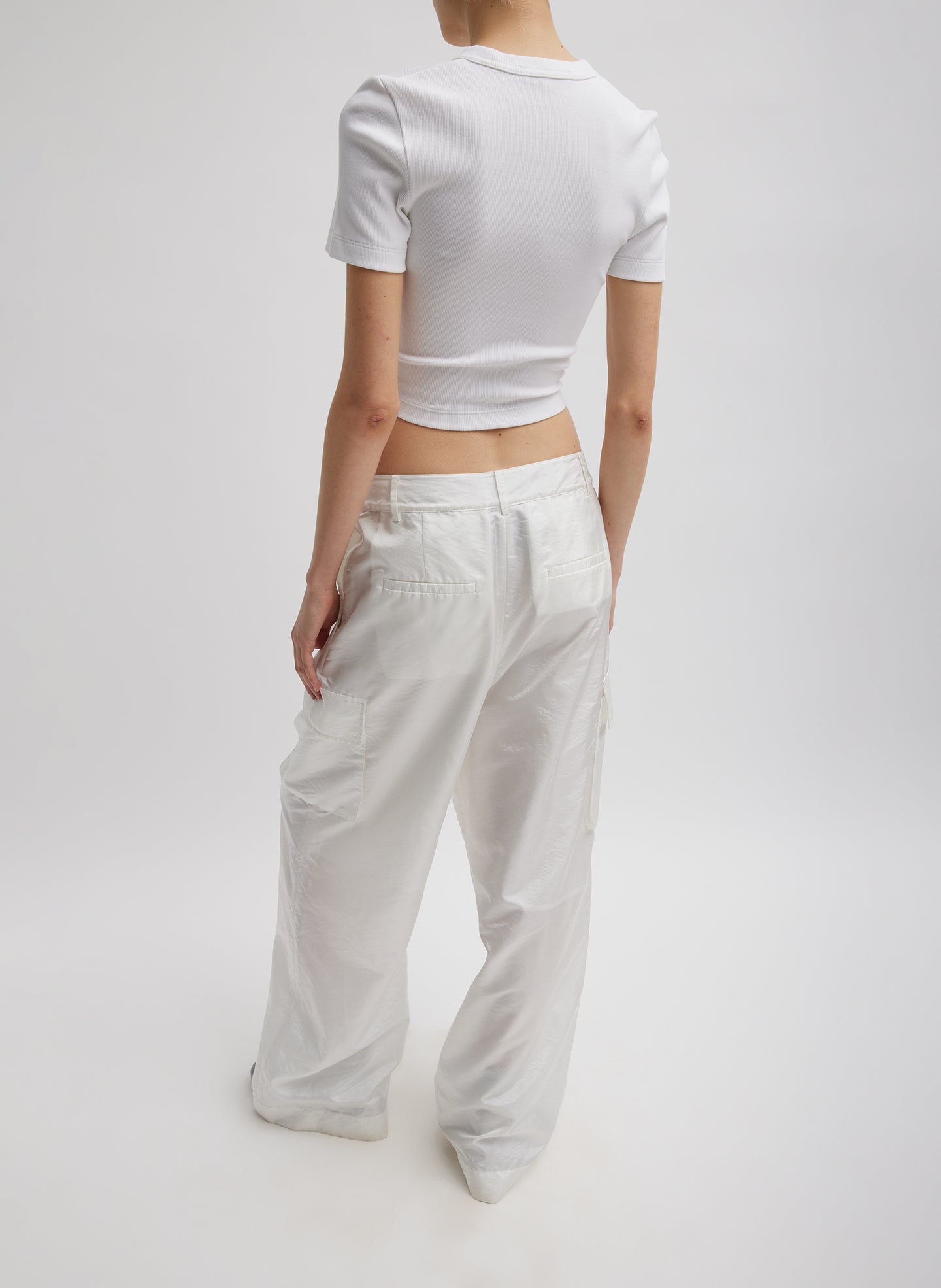 White Stella Crispy Nylon Pleated Cargo Pant - oversized fit, back view on model
