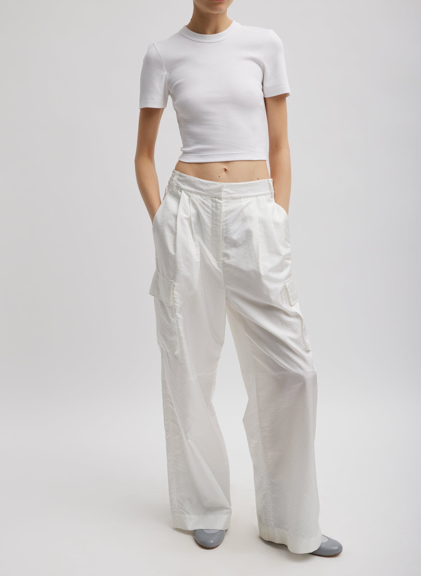 White Stella Crispy Nylon Pleated Cargo Pant - full look, front view on model