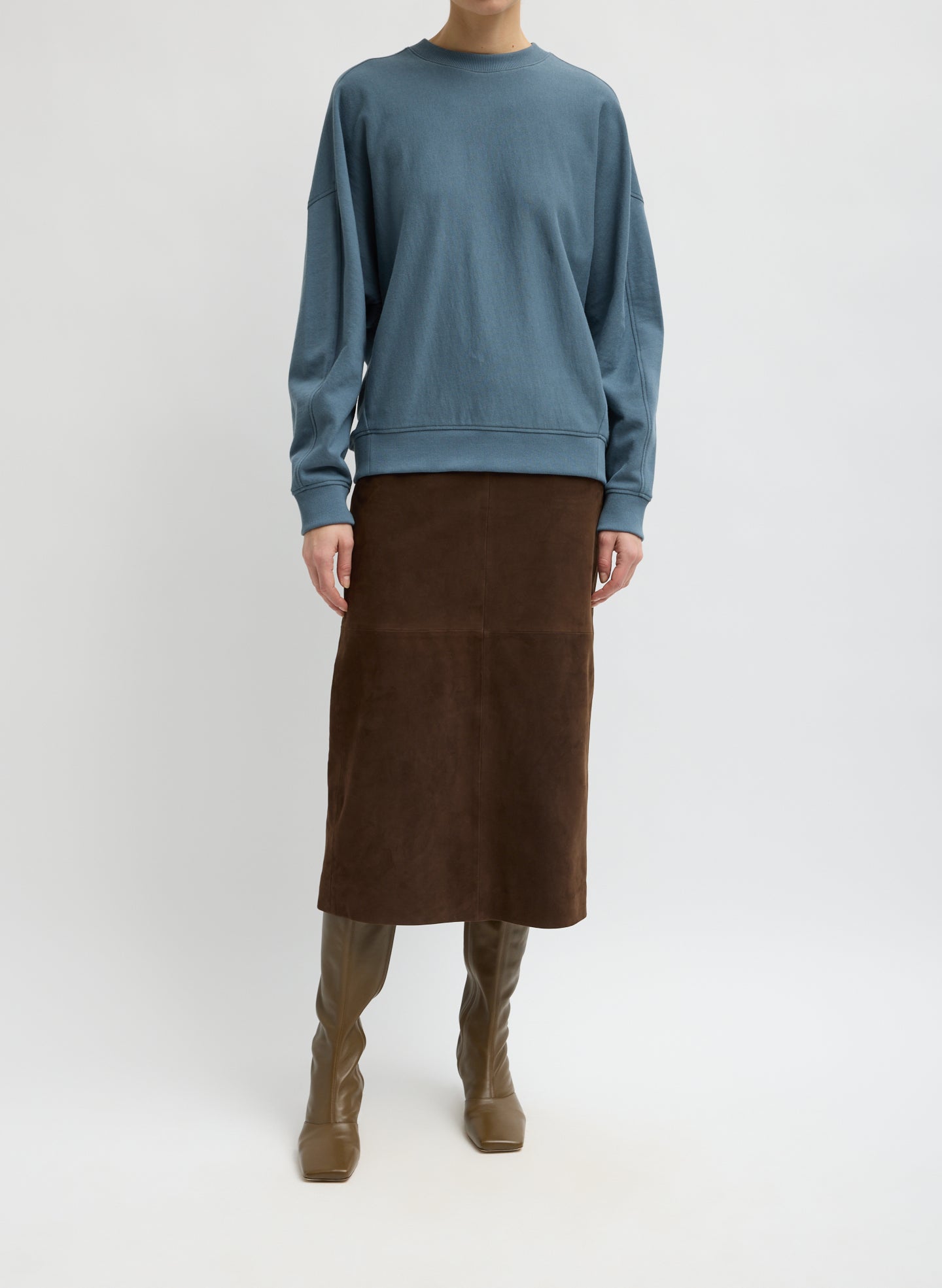 Brown Suede Pencil Skirt - full look, front view on model