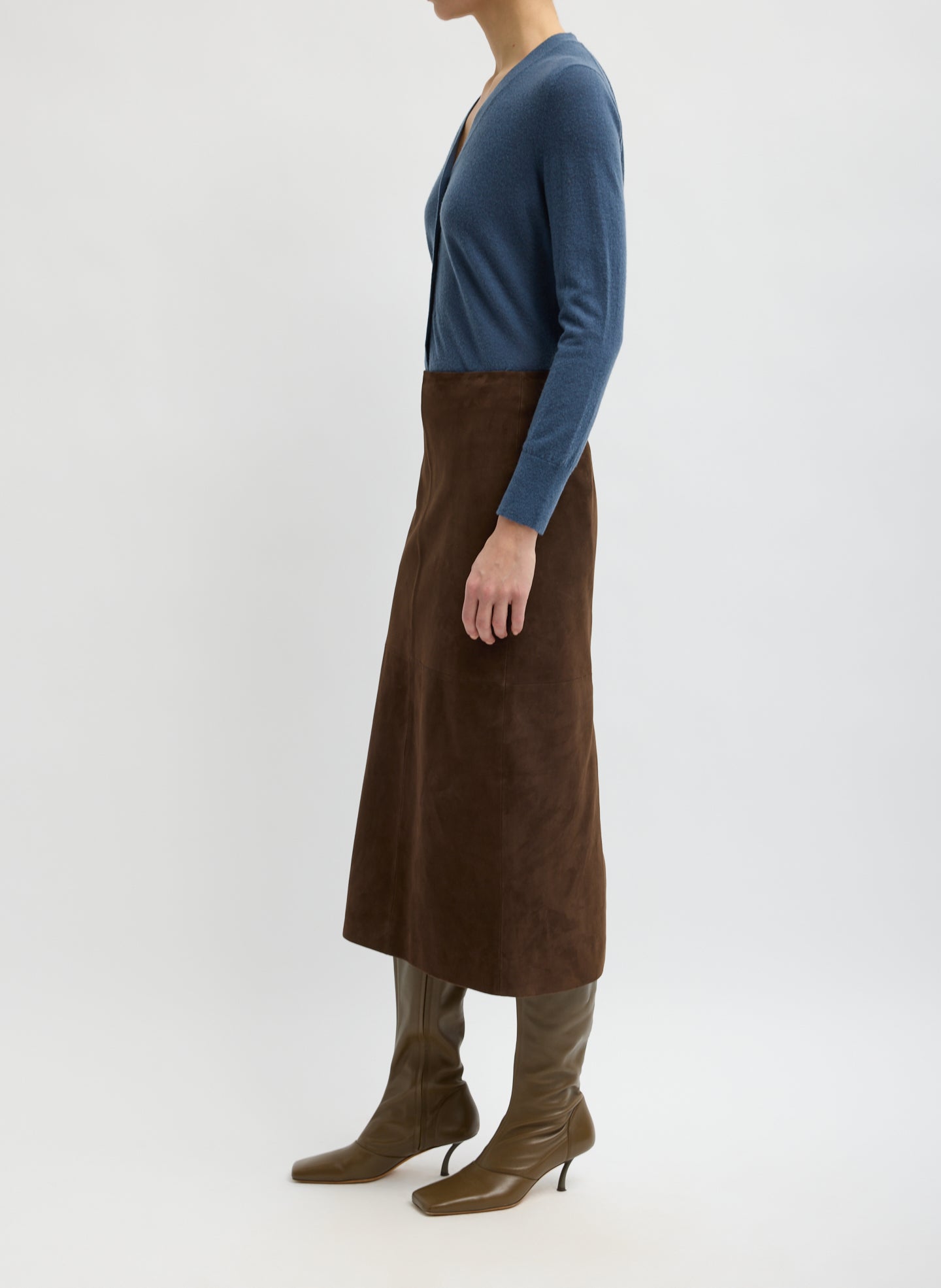 Brown Suede Pencil Skirt - suede midi skirt, side view on model