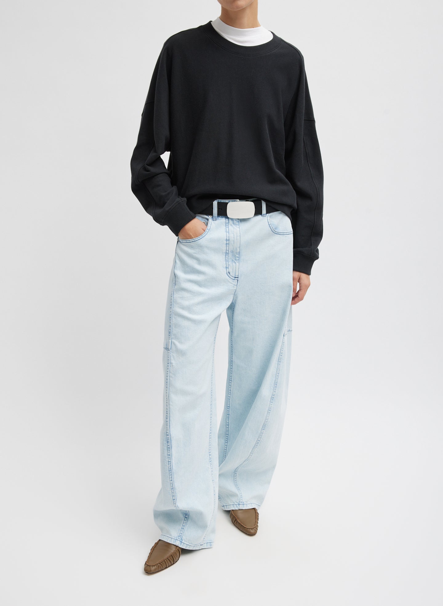 Black Light Weight Sweatshirting Crewneck Sweatshirt -full look, front view on model