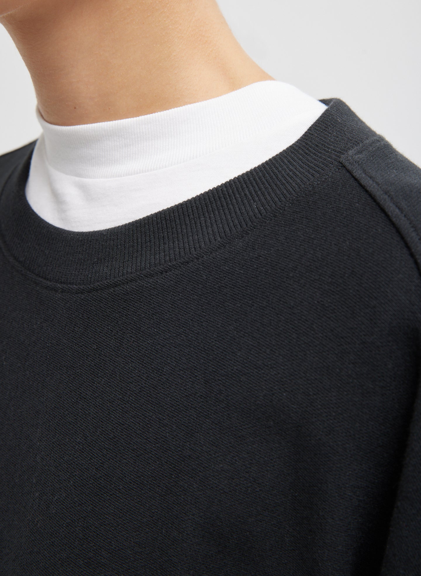Black Light Weight Sweatshirting Crewneck Sweatshirt - closeup of neckline